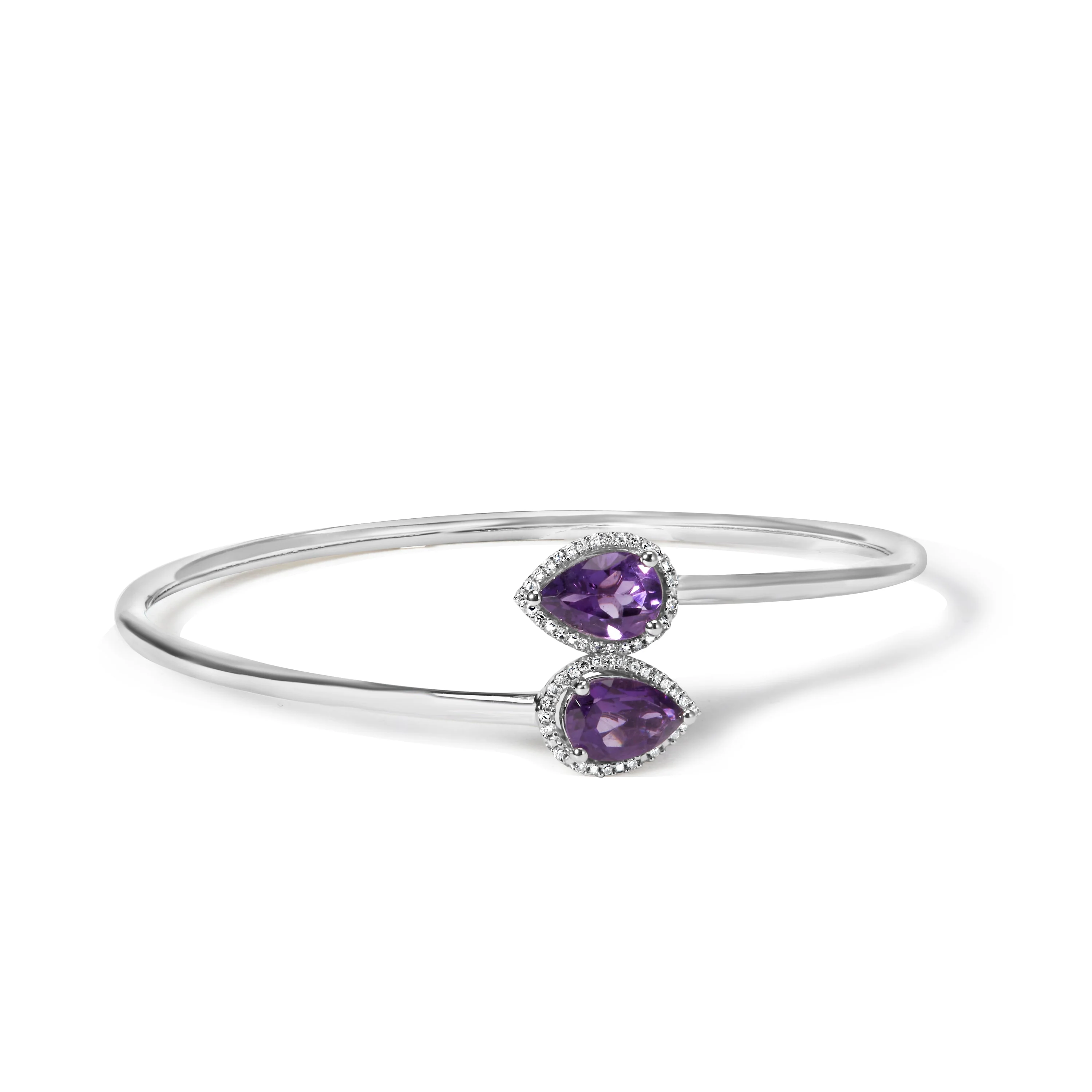 .925 Sterling Silver 8 x 5.5mm Pear Shape Amethyst  and Diamond Accent Halo Bypass Bangle Bracelet (H-I Color, SI1-SI2 Clarity)  - Fits up to 7" Inches - Image 5