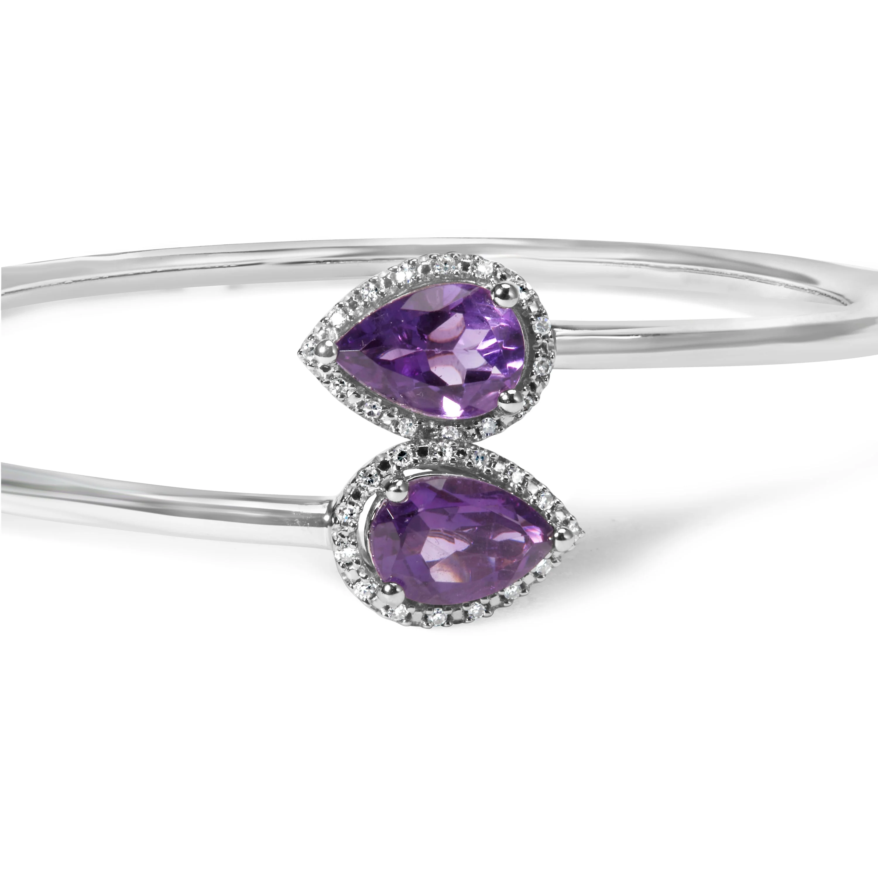 .925 Sterling Silver 8 x 5.5mm Pear Shape Amethyst  and Diamond Accent Halo Bypass Bangle Bracelet (H-I Color, SI1-SI2 Clarity)  - Fits up to 7" Inches - Image 6