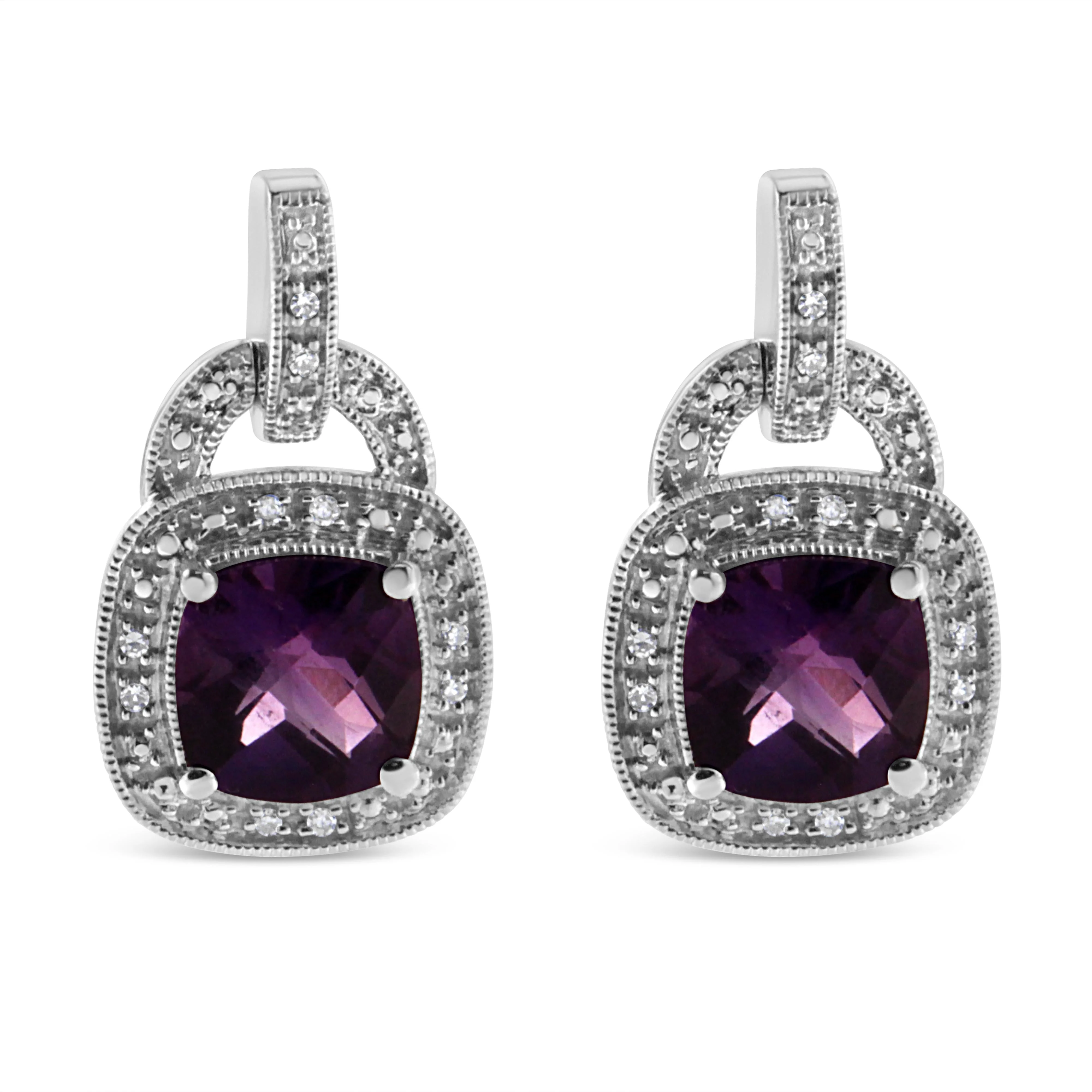 .925 Sterling Silver 8MM Natural Cushion Shaped Amethyst and Diamond Accent Halo with Push Back Dangle Earrings (I-J Color, I2-I3 Clarity) - Image 2