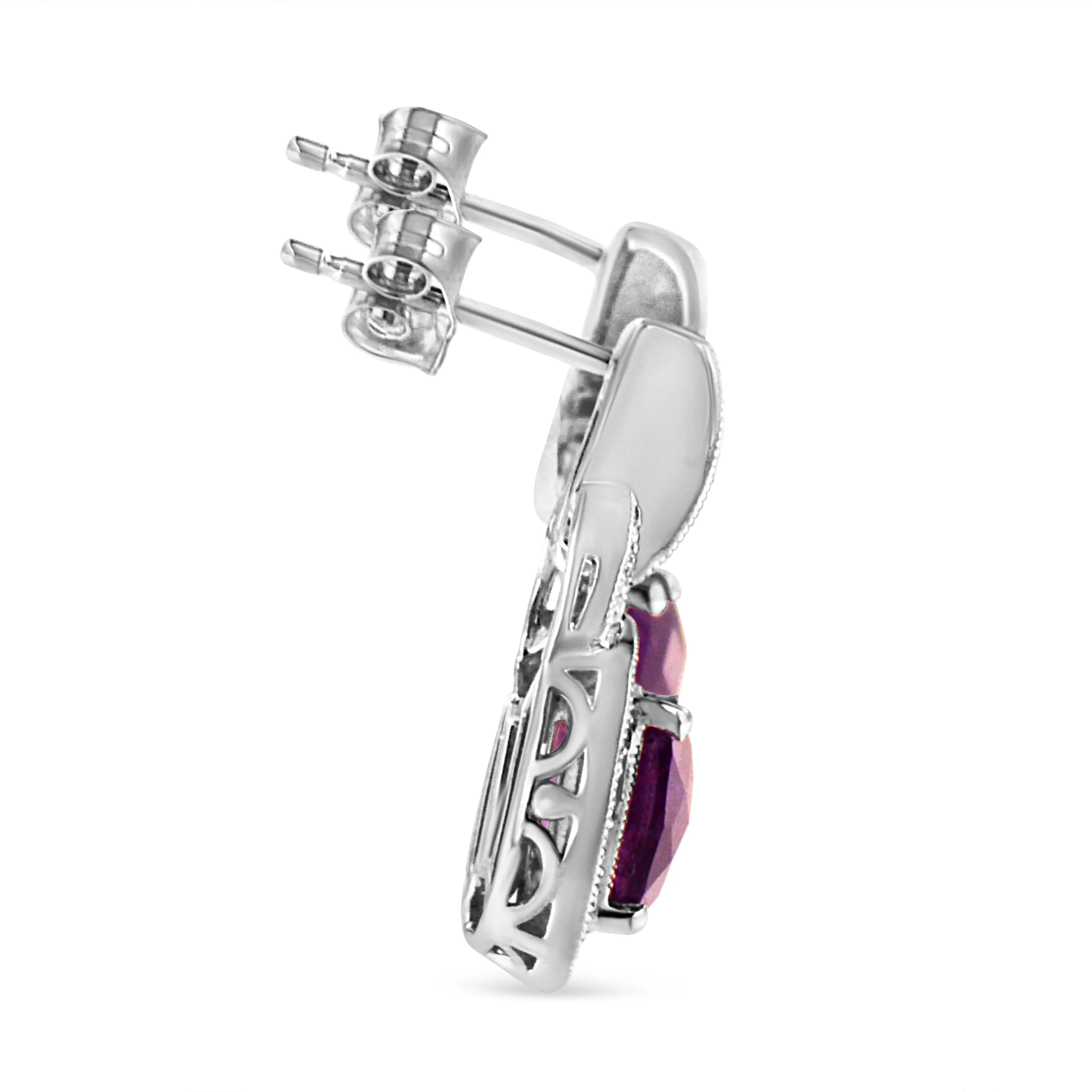 .925 Sterling Silver 8MM Natural Cushion Shaped Amethyst and Diamond Accent Halo with Push Back Dangle Earrings (I-J Color, I2-I3 Clarity) - Image 3