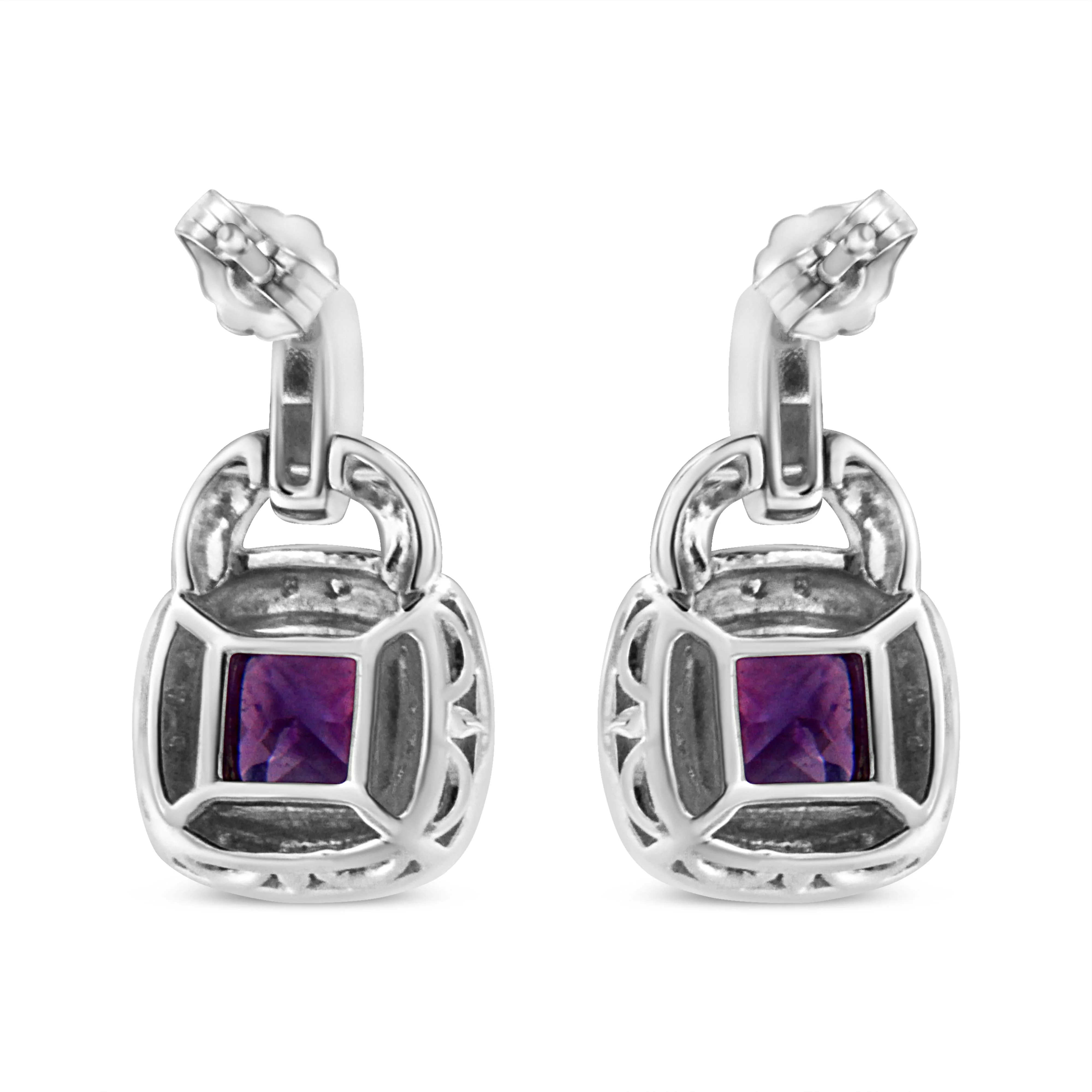 .925 Sterling Silver 8MM Natural Cushion Shaped Amethyst and Diamond Accent Halo with Push Back Dangle Earrings (I-J Color, I2-I3 Clarity) - Image 4