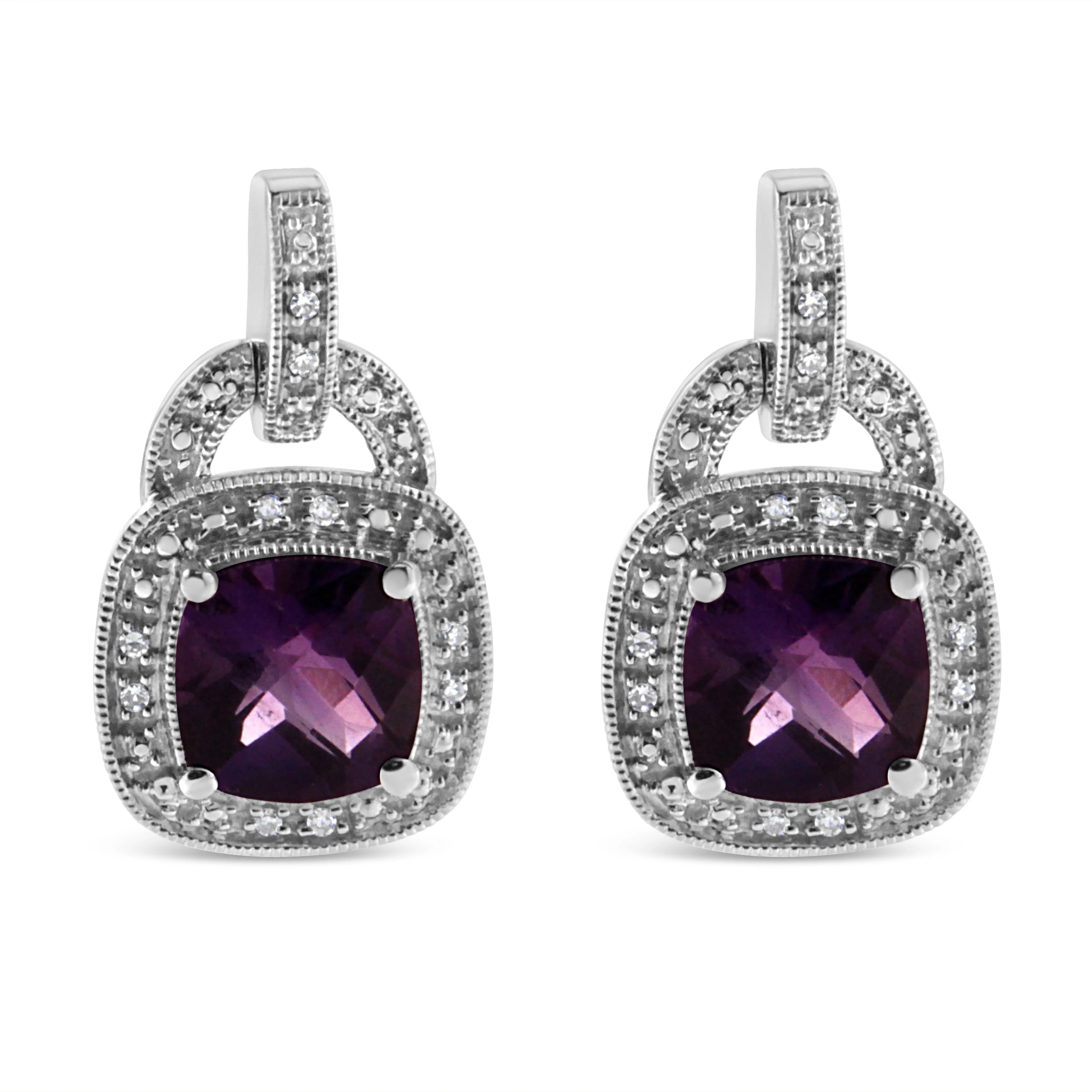 .925 Sterling Silver 8MM Natural Cushion Shaped Amethyst and Diamond Accent Halo with Push Back Dangle Earrings (I-J Color, I2-I3 Clarity) - Image 5