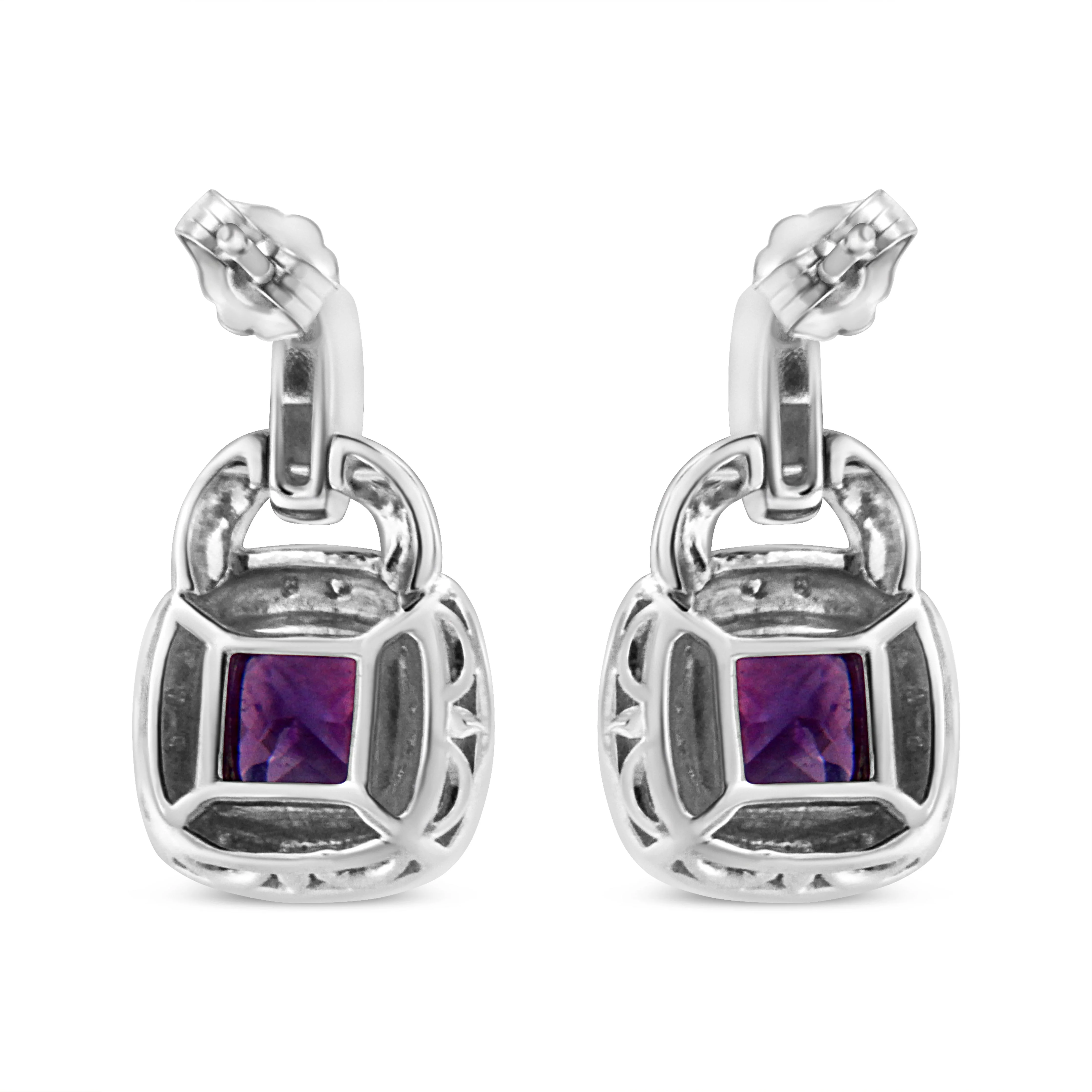 .925 Sterling Silver 8MM Natural Cushion Shaped Amethyst and Diamond Accent Halo with Push Back Dangle Earrings (I-J Color, I2-I3 Clarity) - Image 7