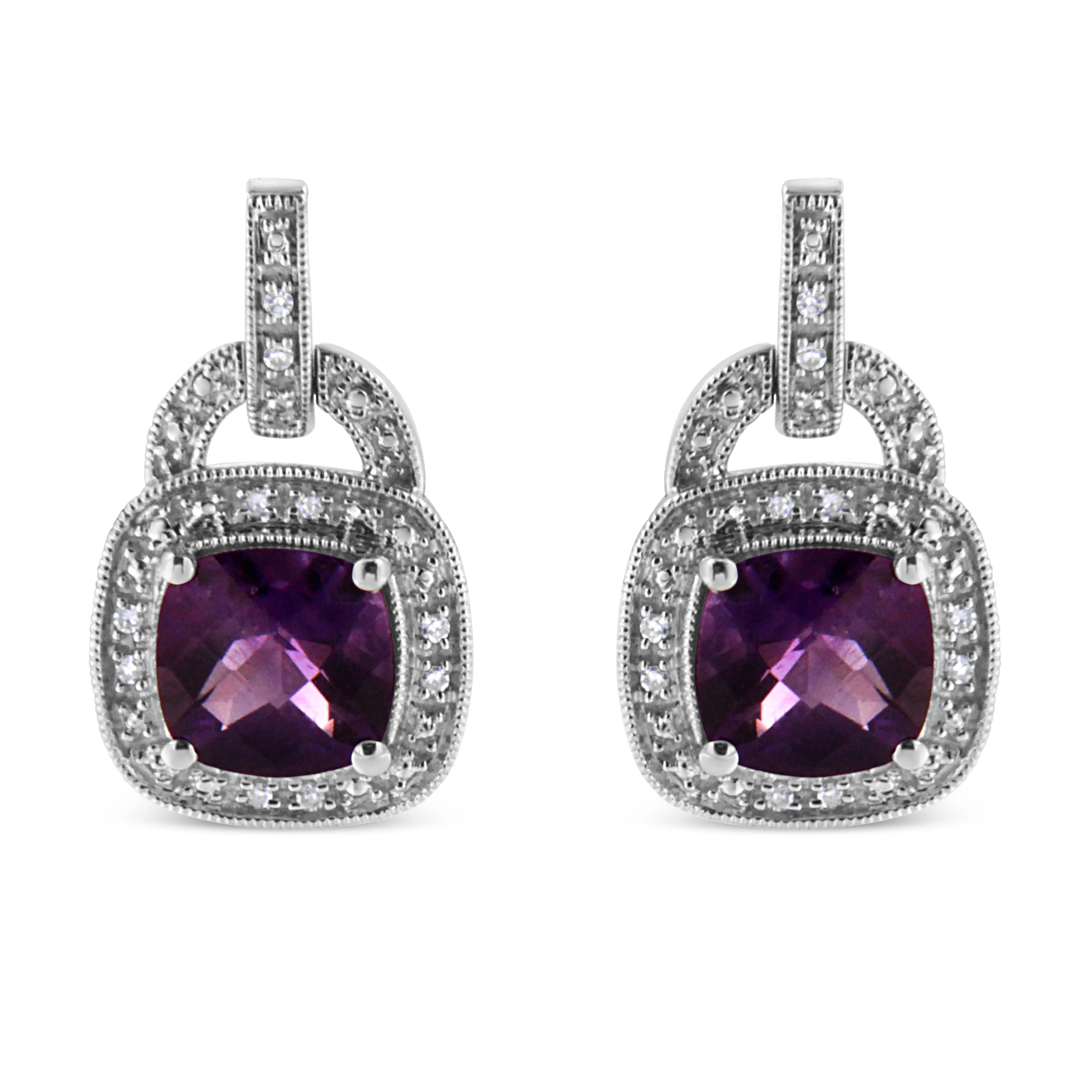 .925 Sterling Silver 8MM Natural Cushion Shaped Amethyst and Diamond Accent Halo with Push Back Dangle Earrings (I-J Color, I2-I3 Clarity) - Image 8