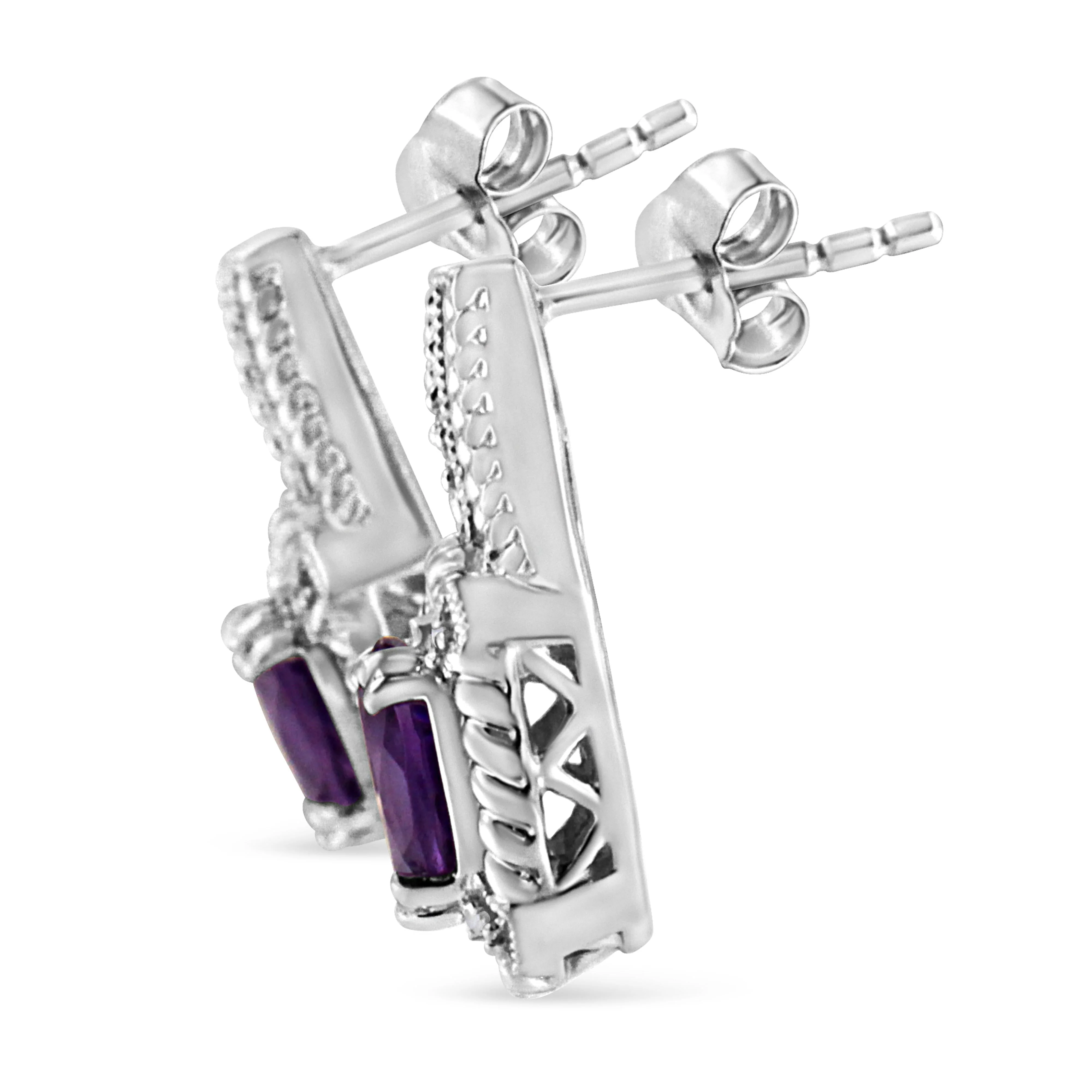 .925 Sterling Silver 8x6 MM Natural Oval Purple Amethyst Gemstone and Diamond Accent Art Deco Style Drop and Dangle Earrings (I-J Color, I1-I2 Clarity) - Image 2