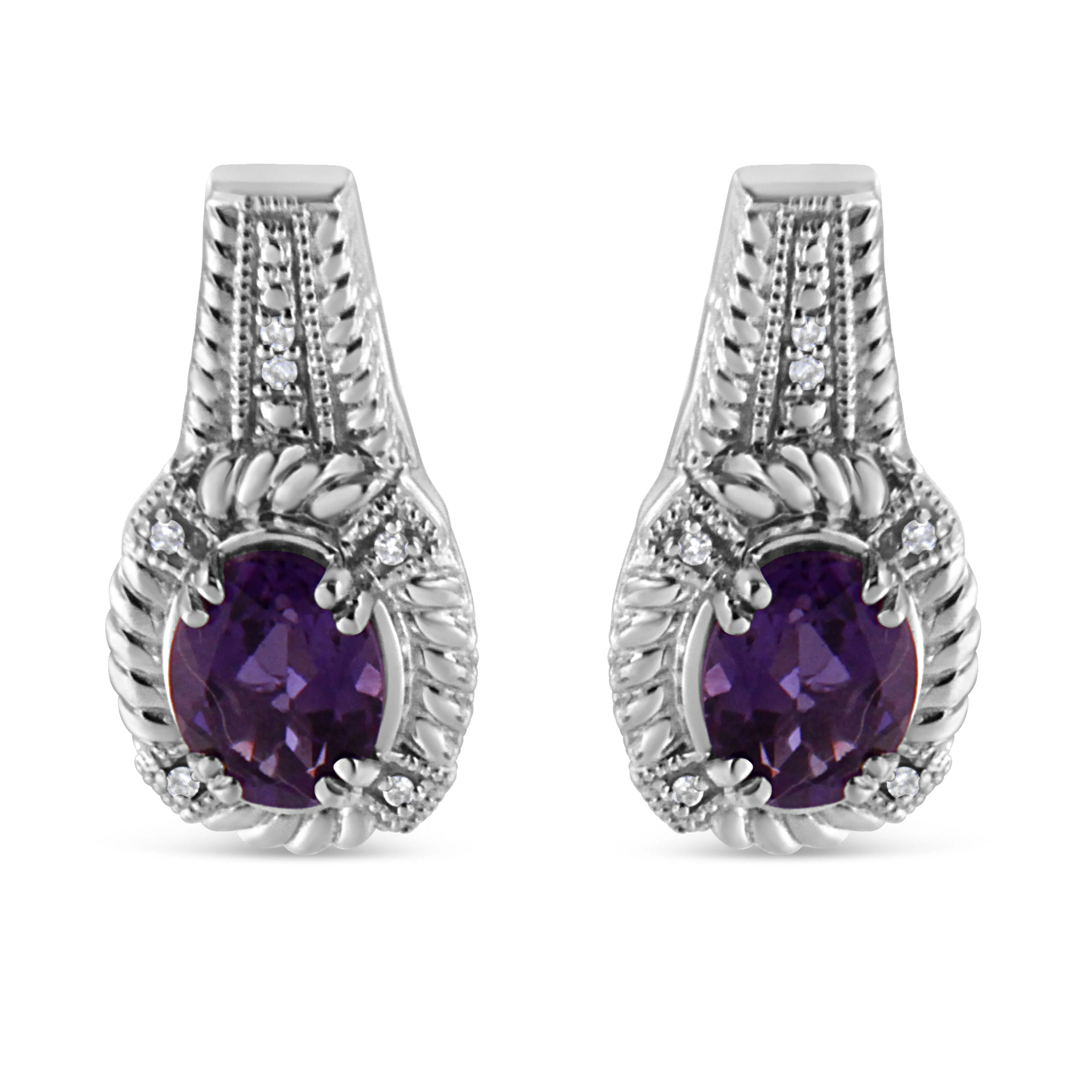 .925 Sterling Silver 8x6 MM Natural Oval Purple Amethyst Gemstone and Diamond Accent Art Deco Style Drop and Dangle Earrings (I-J Color, I1-I2 Clarity) - Image 6