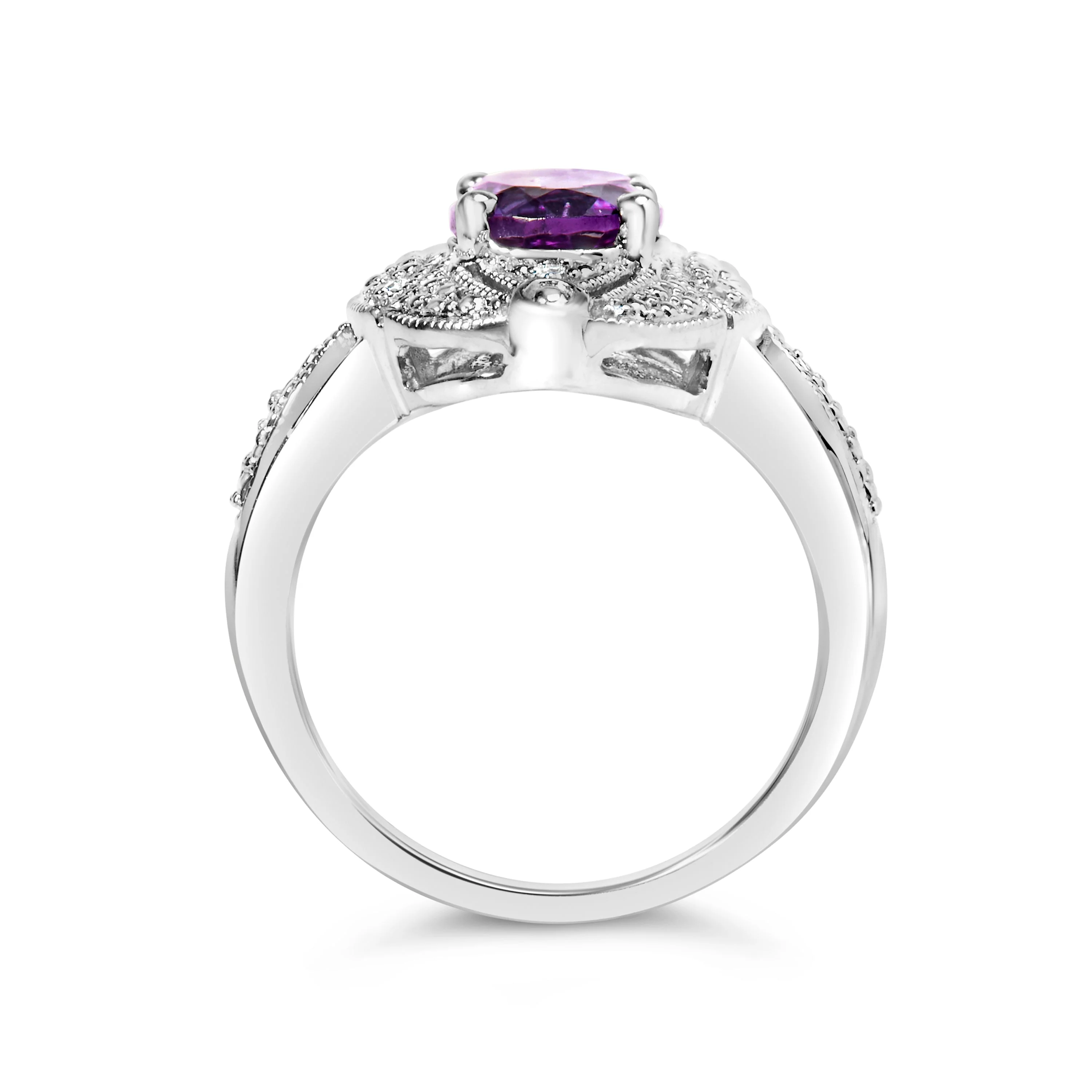 .925 Sterling Silver 9x7mm Oval Purple Amethyst and Diamond Accent Art Deco Style Cocktail Ring (I-J Color, I1-I2 Clarity) - Size 6 - Image 10
