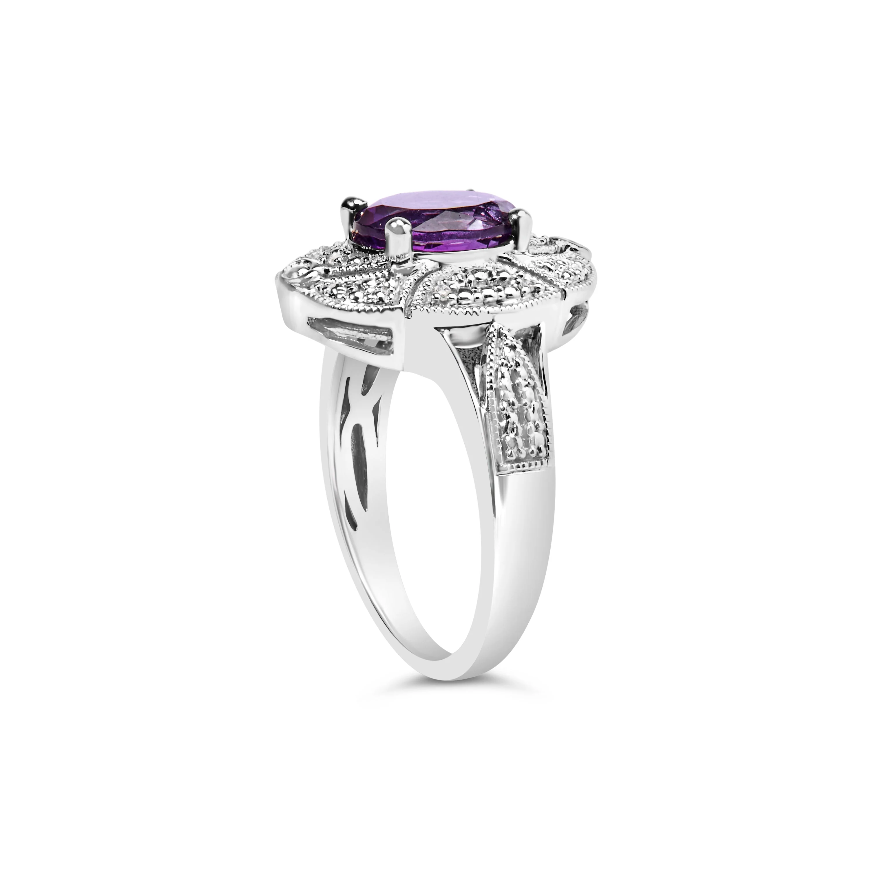 .925 Sterling Silver 9x7mm Oval Purple Amethyst and Diamond Accent Art Deco Style Cocktail Ring (I-J Color, I1-I2 Clarity) - Size 6 - Image 4