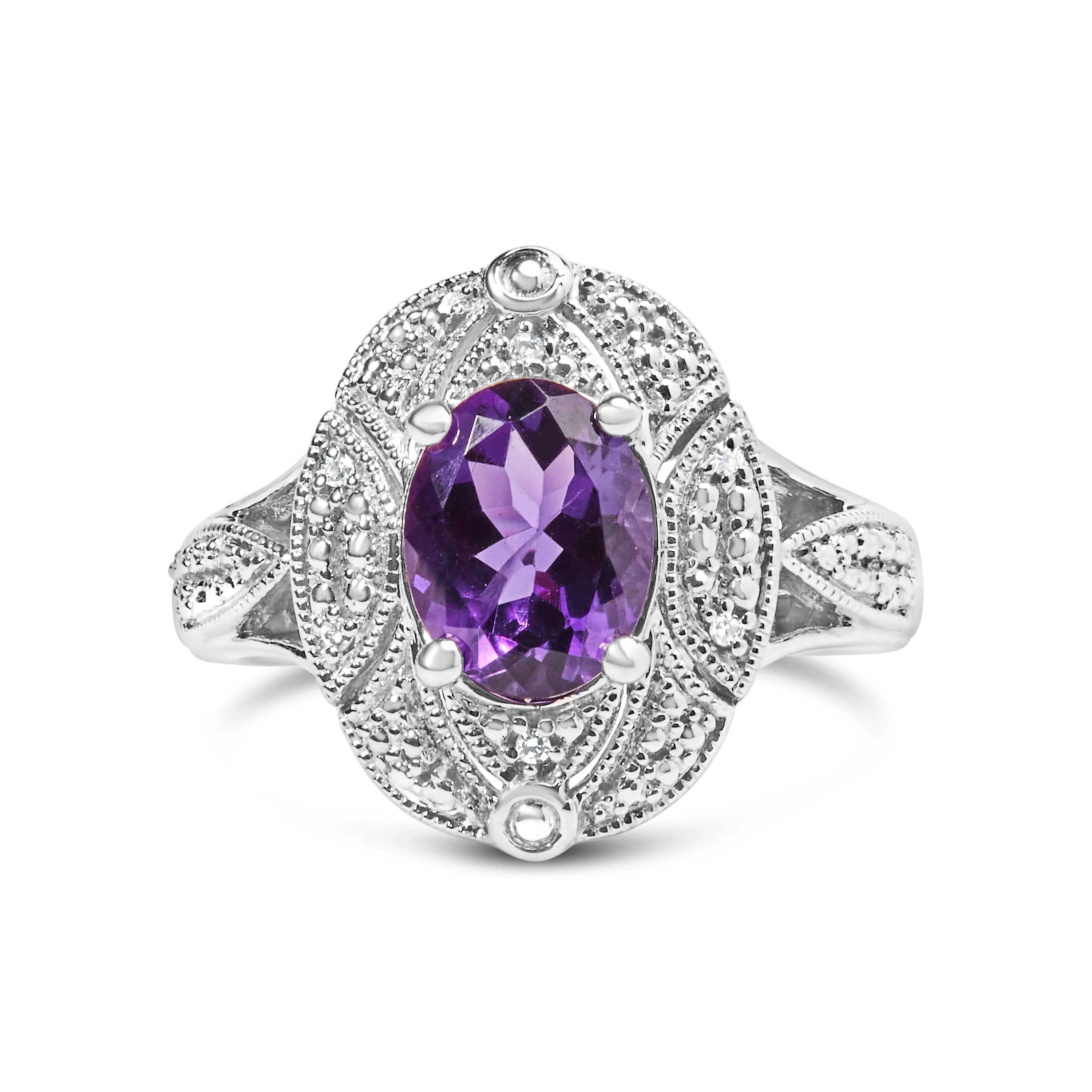 .925 Sterling Silver 9x7mm Oval Purple Amethyst and Diamond Accent Art Deco Style Cocktail Ring (I-J Color, I1-I2 Clarity) - Size 6 - Image 6