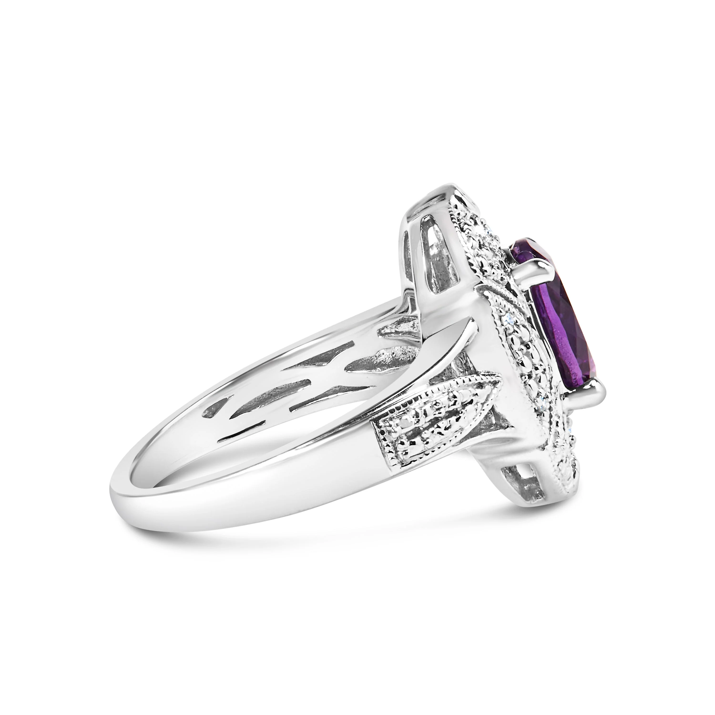 .925 Sterling Silver 9x7mm Oval Purple Amethyst and Diamond Accent Art Deco Style Cocktail Ring (I-J Color, I1-I2 Clarity) - Size 6 - Image 7
