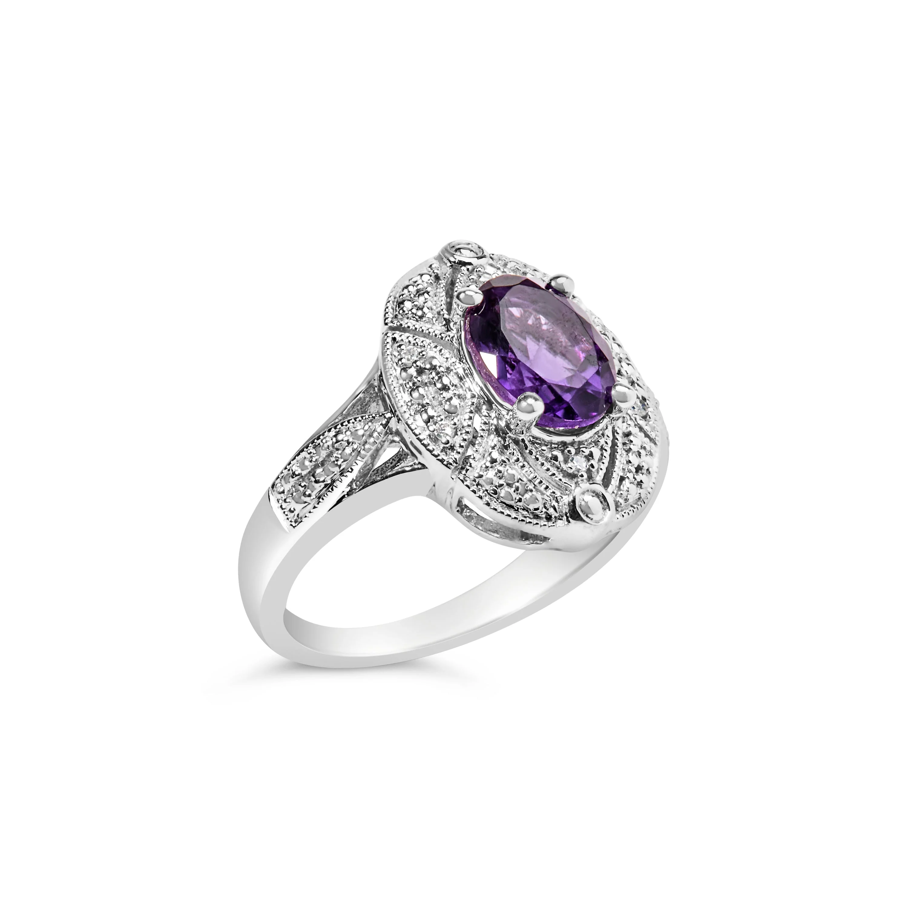 .925 Sterling Silver 9x7mm Oval Purple Amethyst and Diamond Accent Art Deco Style Cocktail Ring (I-J Color, I1-I2 Clarity) - Size 6 - Image 8