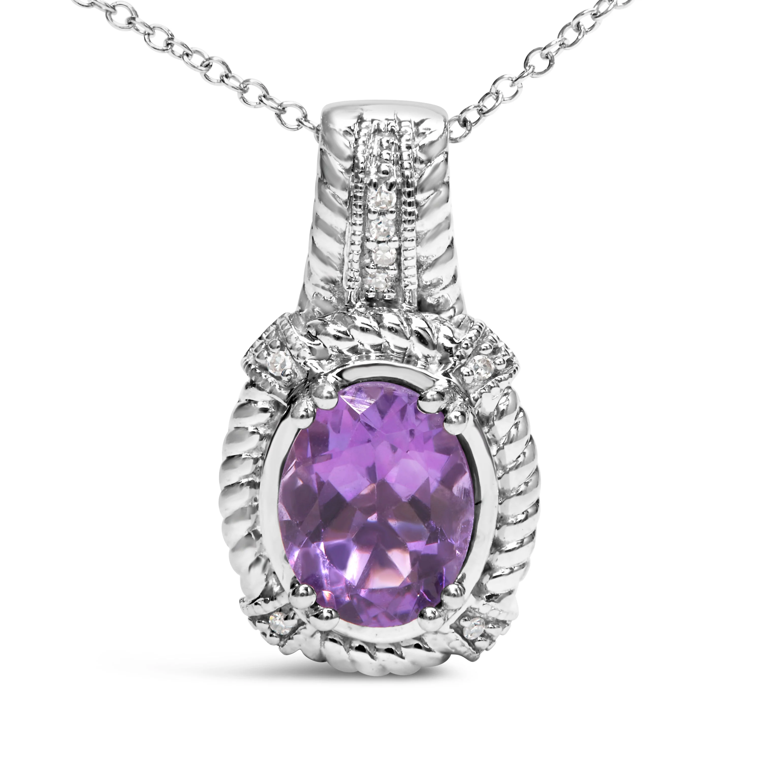 .925 Sterling Silver 9x7mm Oval Purple Amethyst and Round Diamond Accent Fashion Drop Pendant 18 Inch Necklace (I-J Color, I1-I2 Clarity) - Image 2