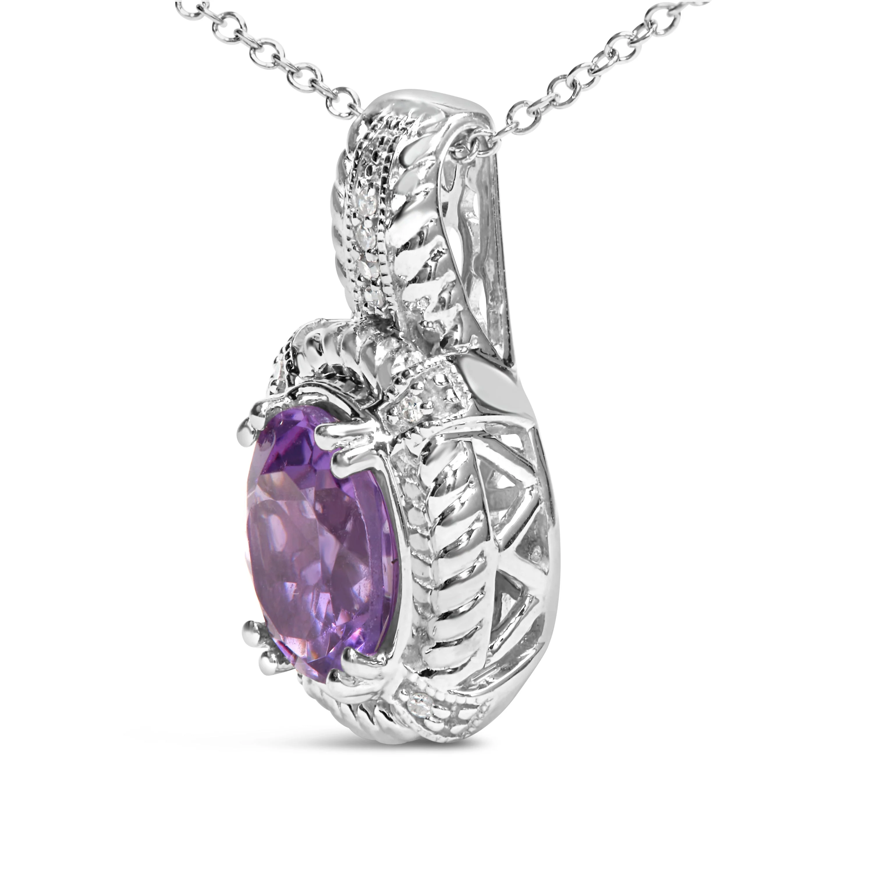 .925 Sterling Silver 9x7mm Oval Purple Amethyst and Round Diamond Accent Fashion Drop Pendant 18 Inch Necklace (I-J Color, I1-I2 Clarity) - Image 3