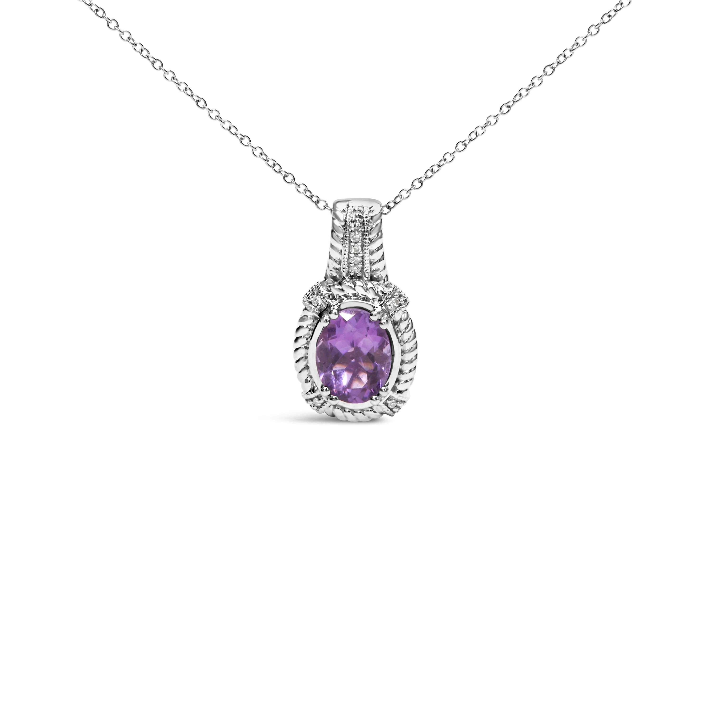 .925 Sterling Silver 9x7mm Oval Purple Amethyst and Round Diamond Accent Fashion Drop Pendant 18 Inch Necklace (I-J Color, I1-I2 Clarity) - Image 4
