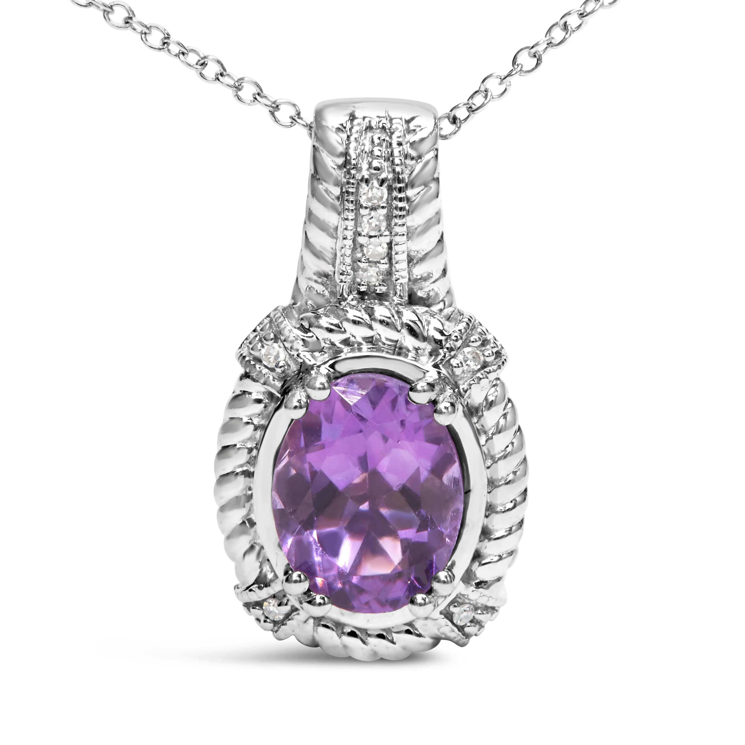 .925 Sterling Silver 9x7mm Oval Purple Amethyst and Round Diamond Accent Fashion Drop Pendant 18 Inch Necklace (I-J Color, I1-I2 Clarity) - Image 5