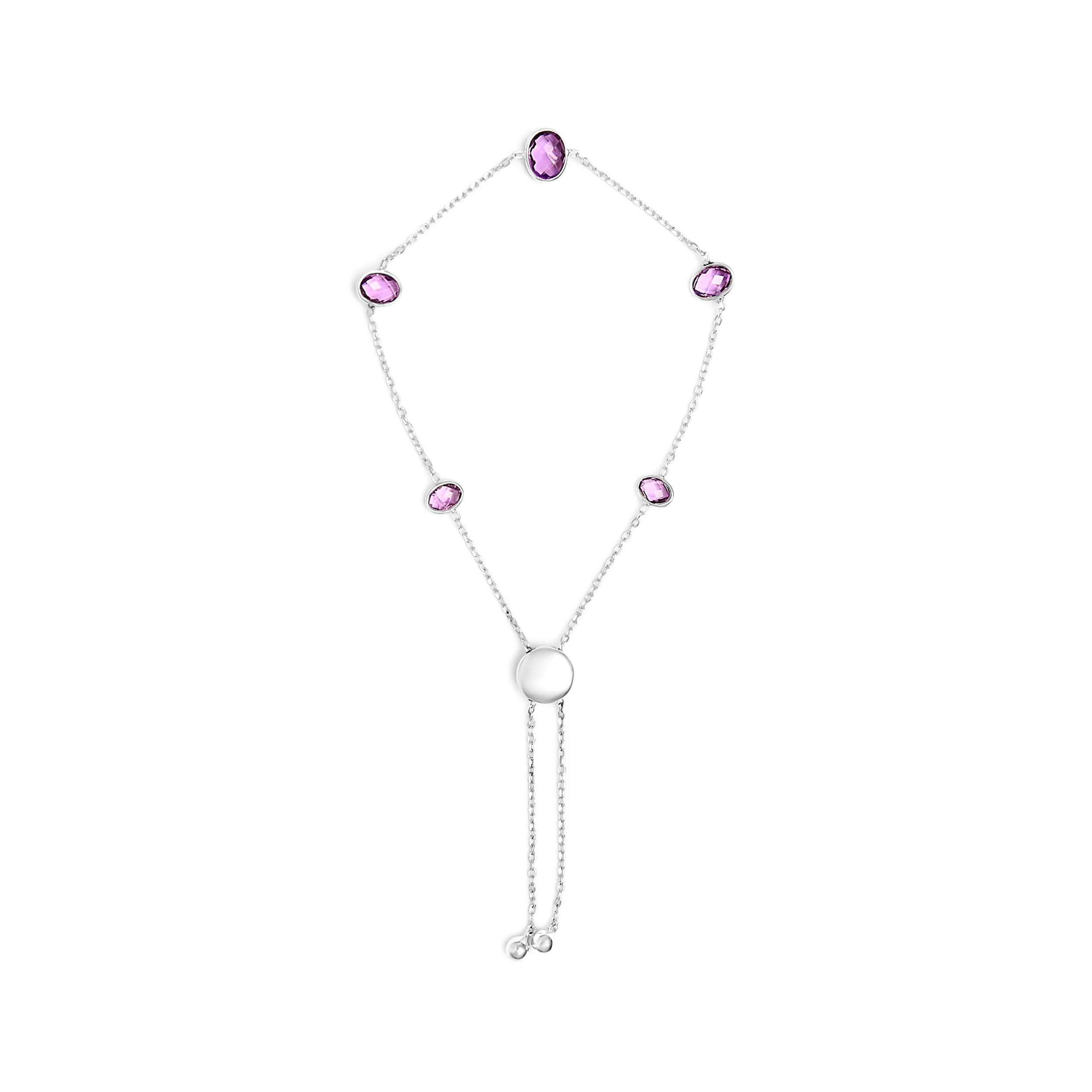 .925 Sterling Silver Bezel Set Purple Amethyst 5 Station Adjustable Bolo Bracelet