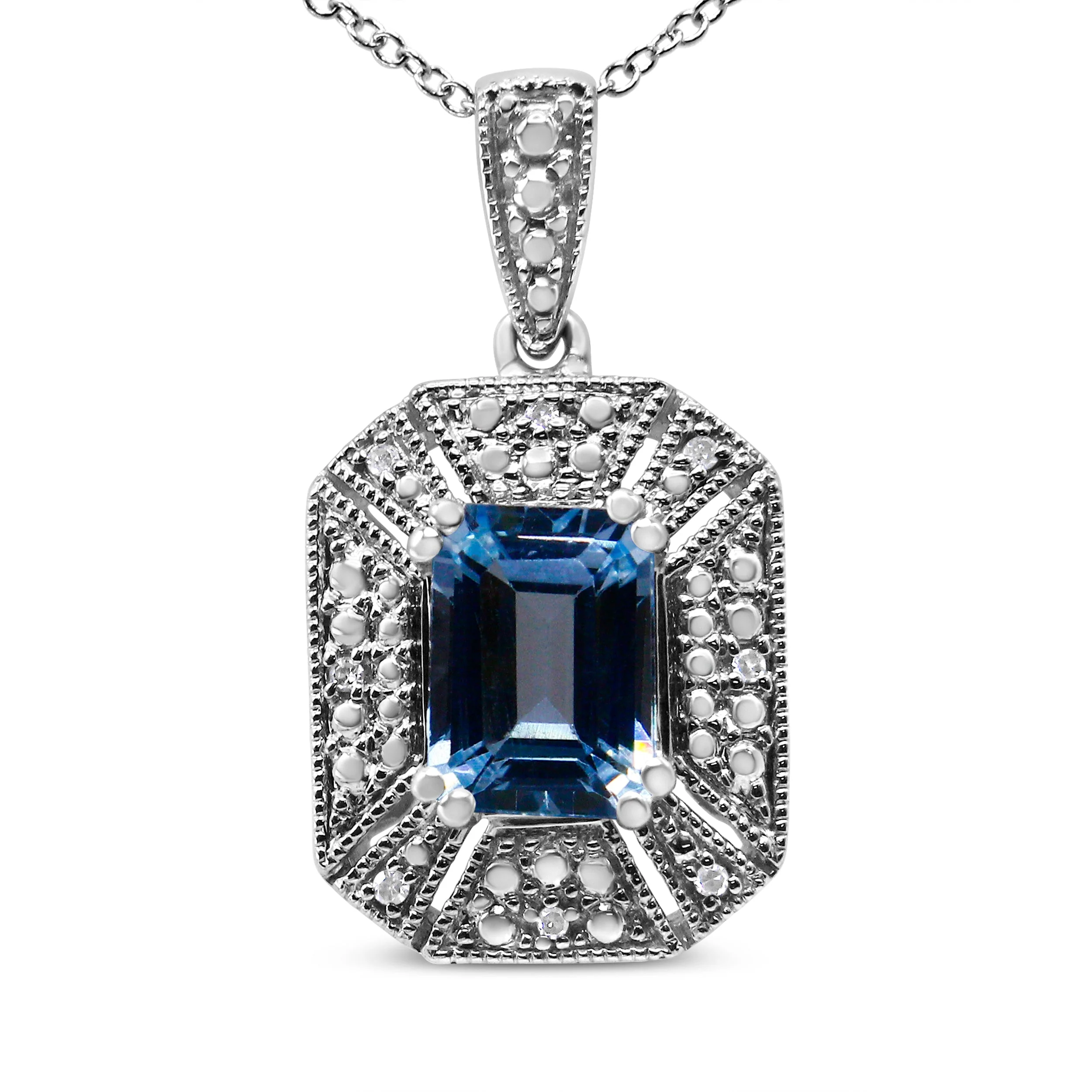 .925 Sterling Silver Blue Topaz and Diamond Accent Art Deco Style 18" Pendant Necklace (I-J Color, I1-I2 Clarity) - Image 4