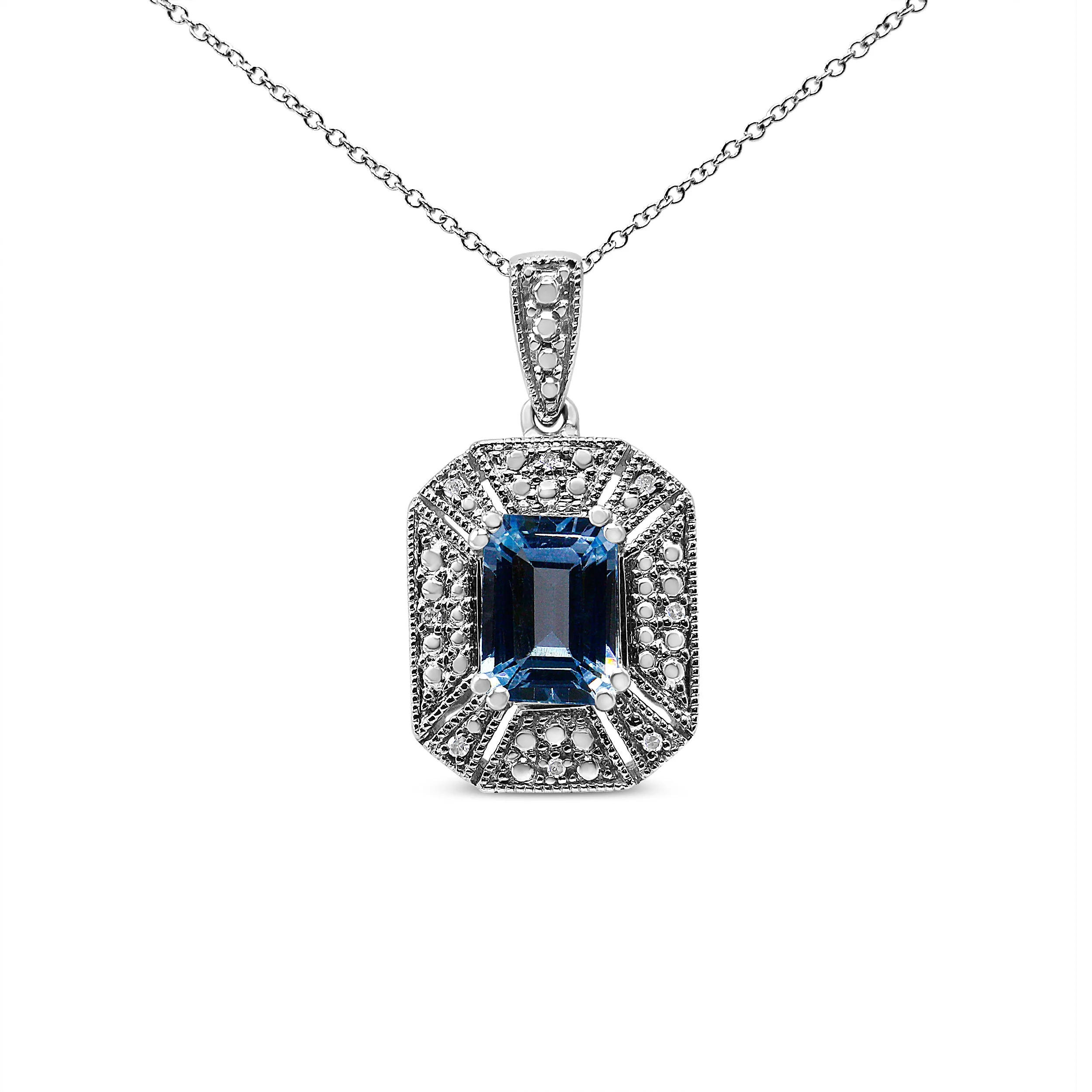 .925 Sterling Silver Blue Topaz and Diamond Accent Art Deco Style 18" Pendant Necklace (I-J Color, I1-I2 Clarity) - Image 6