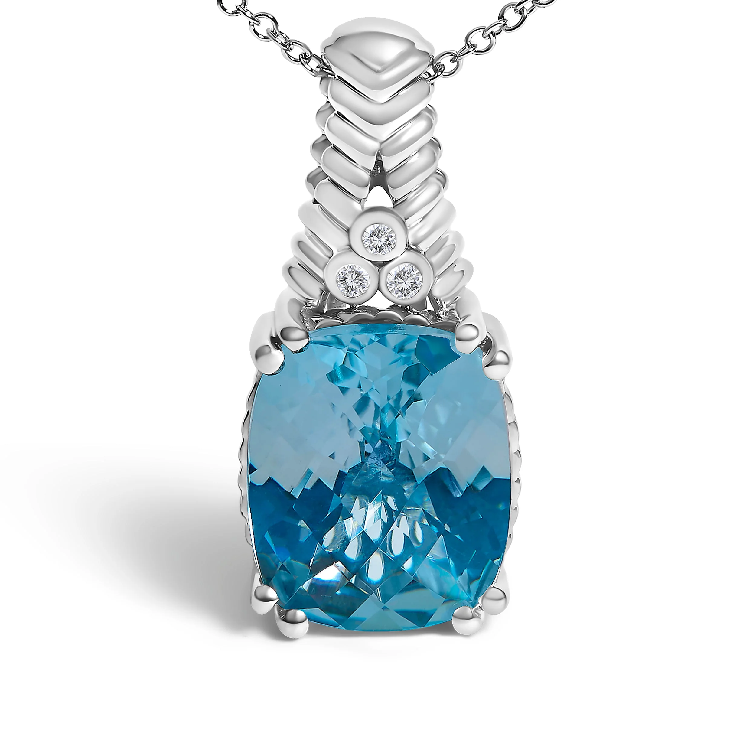 .925 Sterling Silver Blue Topaz and Diamond Accent Textured Pendant Necklace - 18" Inches - Image 2