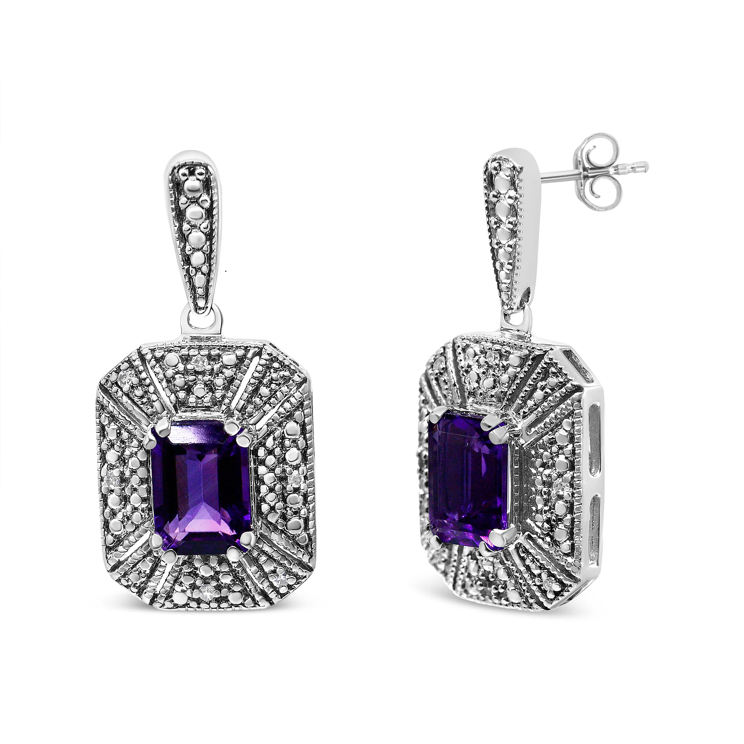 .925 Sterling Silver Diamond Accent and 7x5mm Purple Amethyst Stud Earrings (I-J Color, I2-I3 Clarity) - Image 2