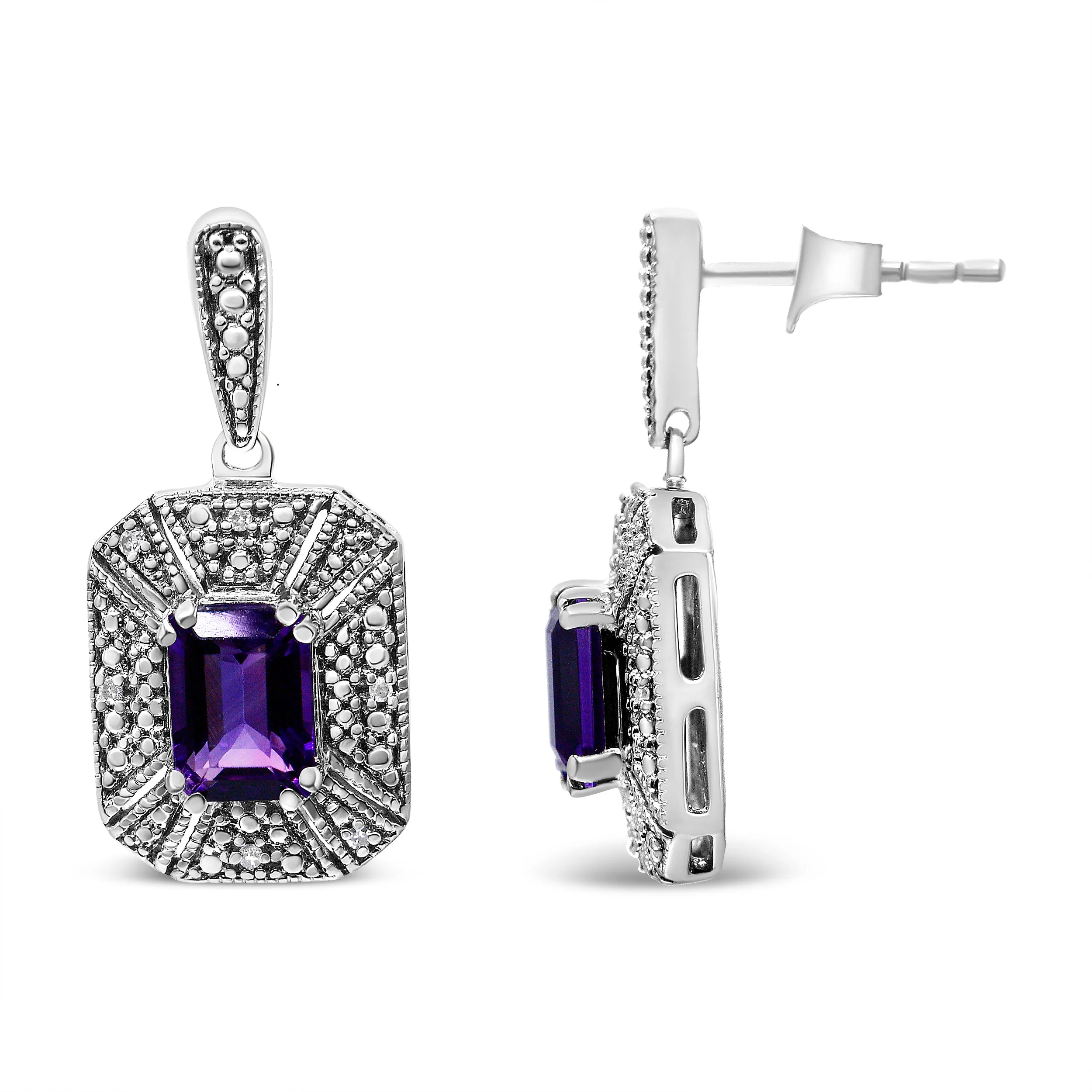 .925 Sterling Silver Diamond Accent and 7x5mm Purple Amethyst Stud Earrings (I-J Color, I2-I3 Clarity) - Image 3