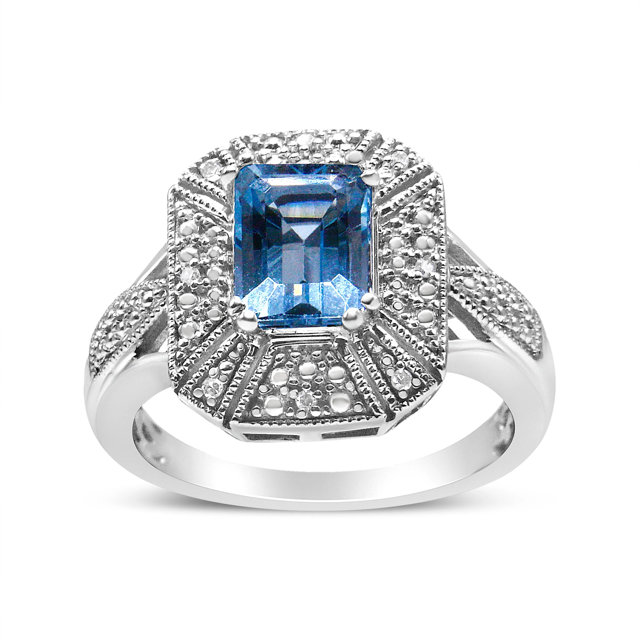 .925 Sterling Silver Diamond Accent and 8X6 mm Emerald-Shape Blue Topaz Ring (I-J Color, I2-I3 Clarity) - Ring Size 7 - Image 4