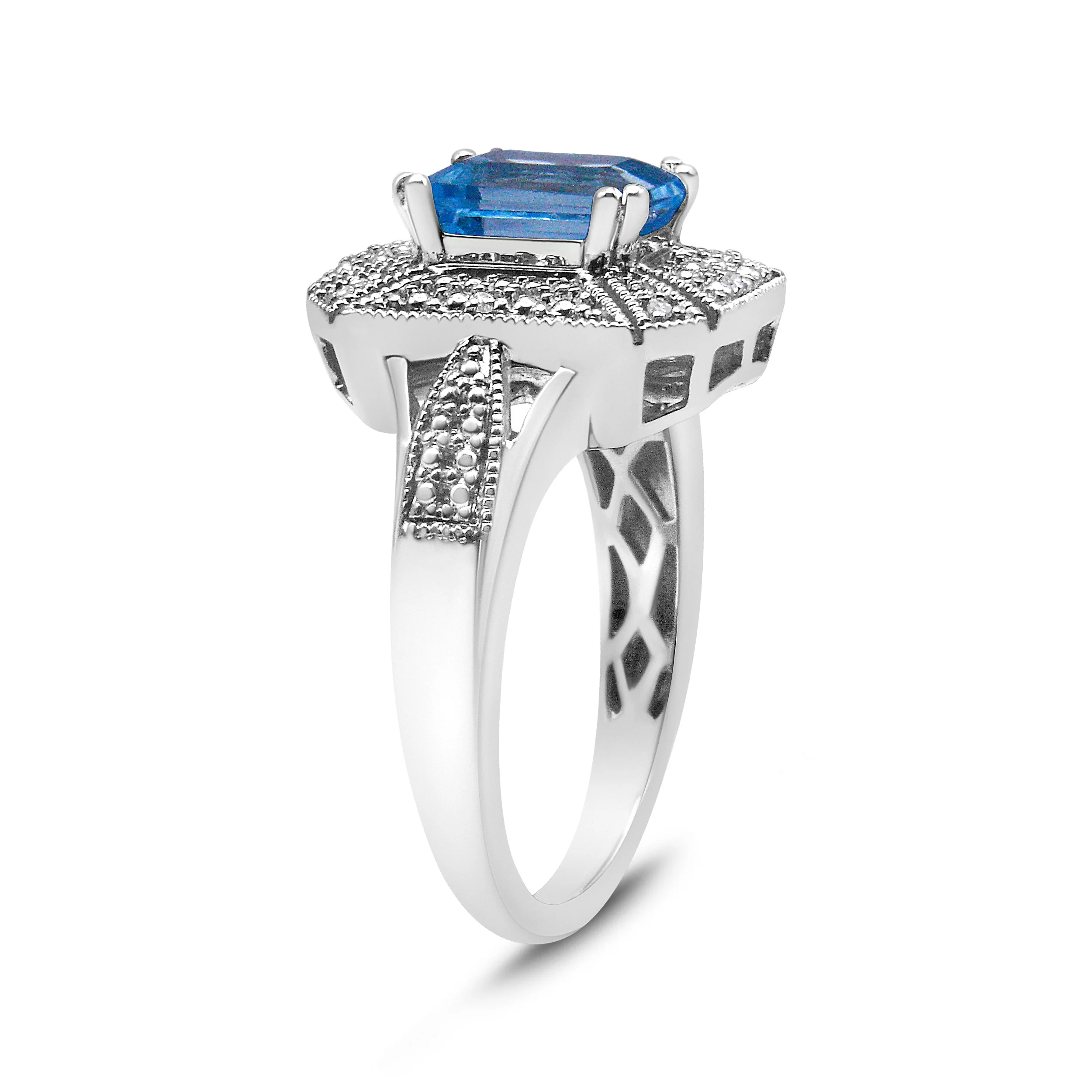 .925 Sterling Silver Diamond Accent and 8X6 mm Emerald-Shape Blue Topaz Ring (I-J Color, I2-I3 Clarity) - Ring Size 7 - Image 5