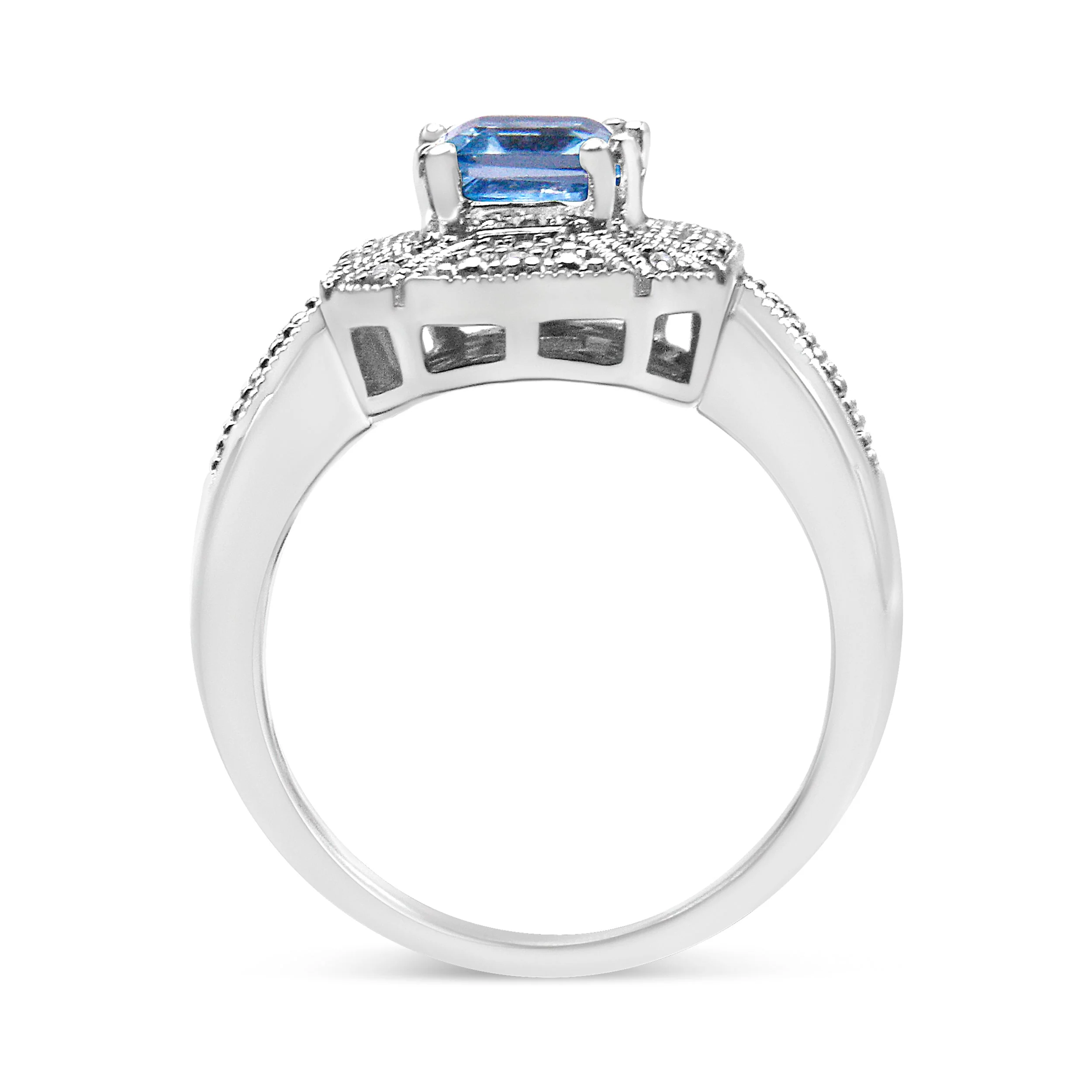 .925 Sterling Silver Diamond Accent and 8X6 mm Emerald-Shape Blue Topaz Ring (I-J Color, I2-I3 Clarity) - Ring Size 7 - Image 6