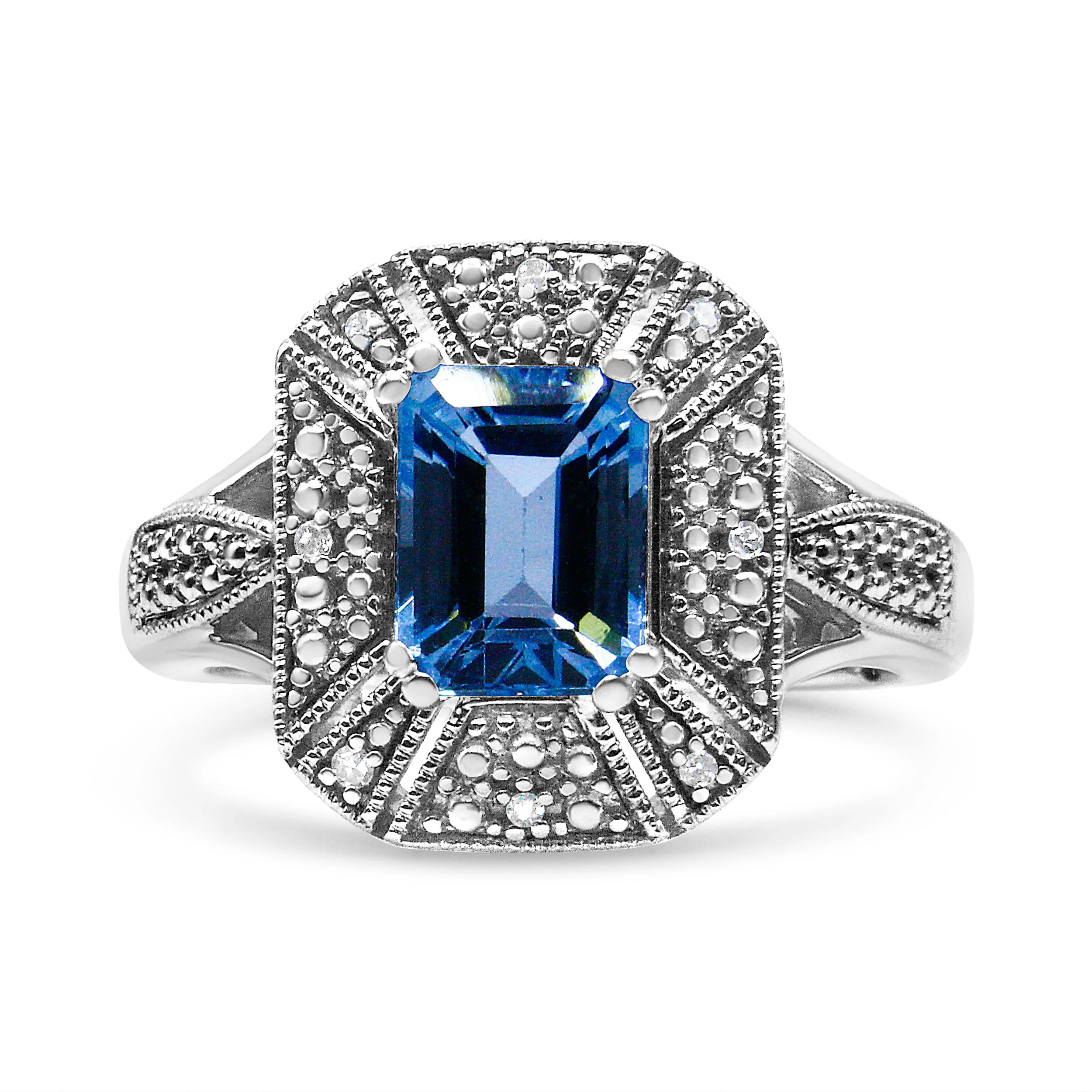 .925 Sterling Silver Diamond Accent and 8X6 mm Emerald-Shape Blue Topaz Ring (I-J Color, I2-I3 Clarity) - Ring Size 7 - Image 7