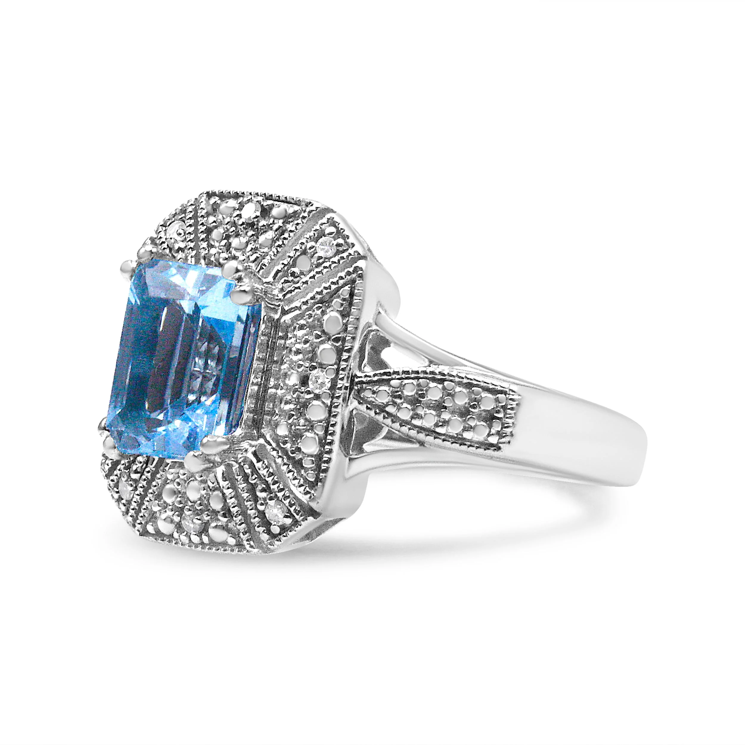 .925 Sterling Silver Diamond Accent and 8X6 mm Emerald-Shape Blue Topaz Ring (I-J Color, I2-I3 Clarity) - Ring Size 7 - Image 8