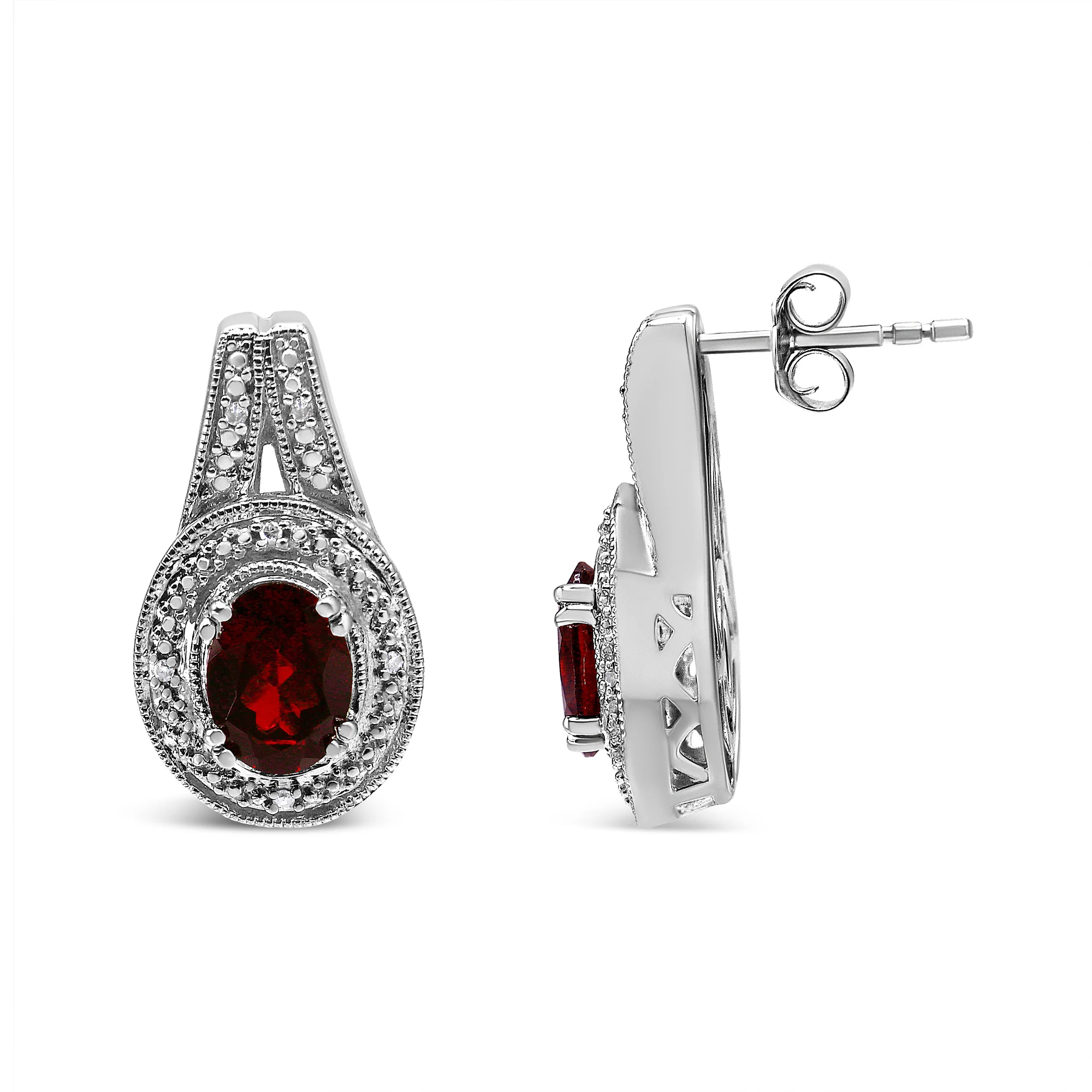 .925 Sterling Silver Diamond Accent and 8x6mm Red Oval Garnet Stud Earrings (I-J Color, I1-I2 Clarity) - Image 4