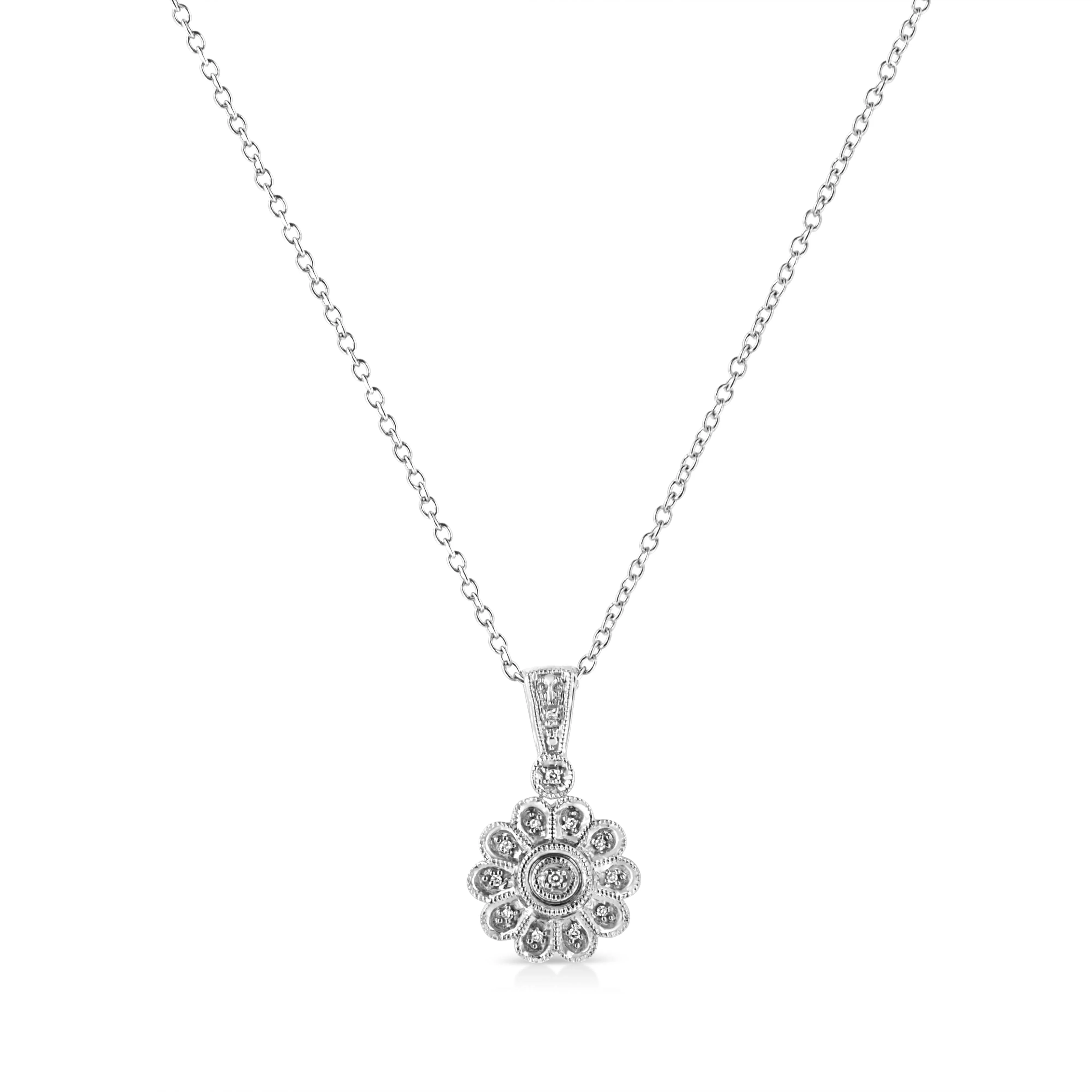 .925 Sterling Silver Diamond Accent Sunburst Milgrain 18" Pendant Necklace (I-J Color, I1-I2 Clarity) - Image 2