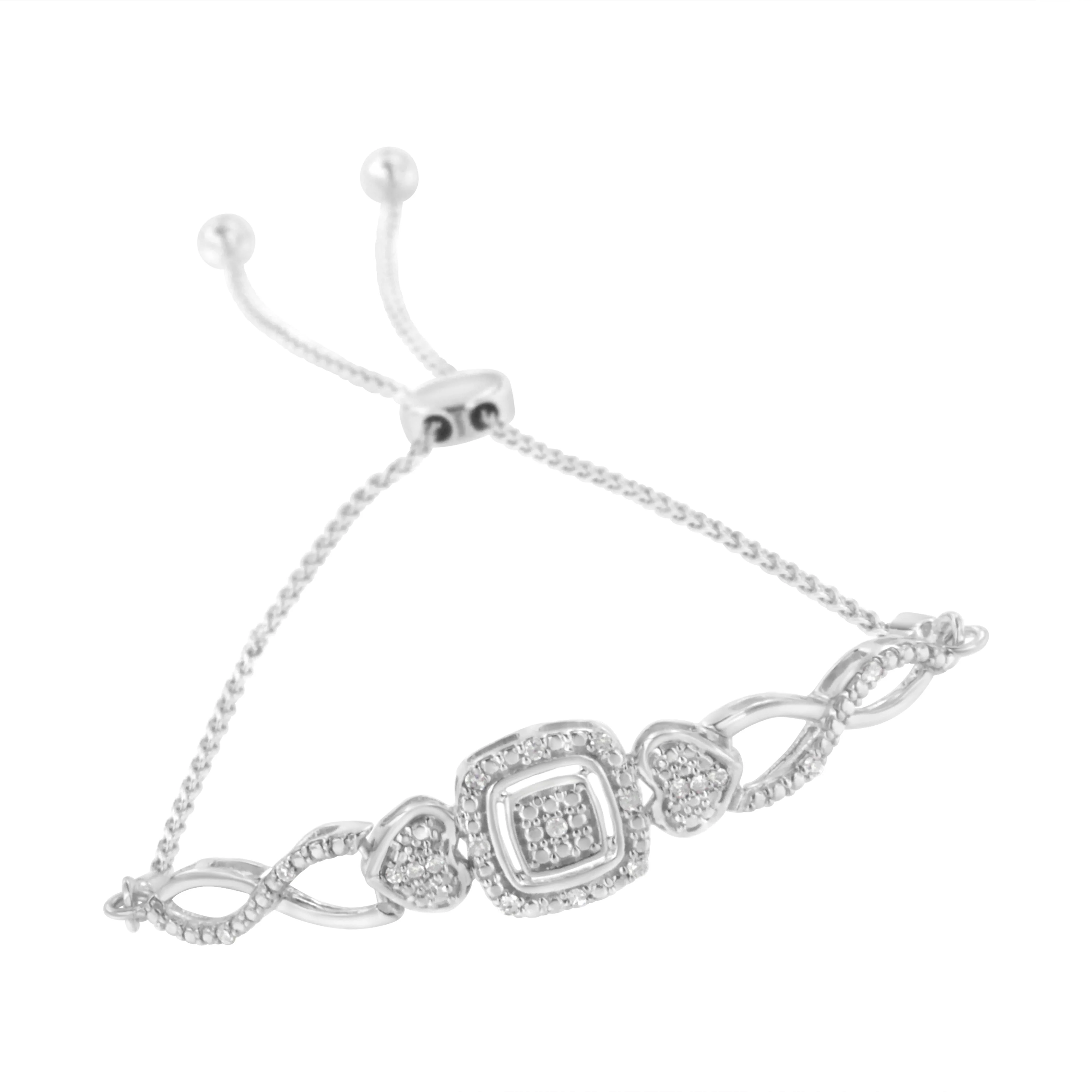 .925 Sterling Silver Diamond Cushion Frame Heart-Sides Twist 4â€-10†Adjustable Bolo Tennis Bolo Bracelet (I-J Color, I3 Clarity) - Image 3