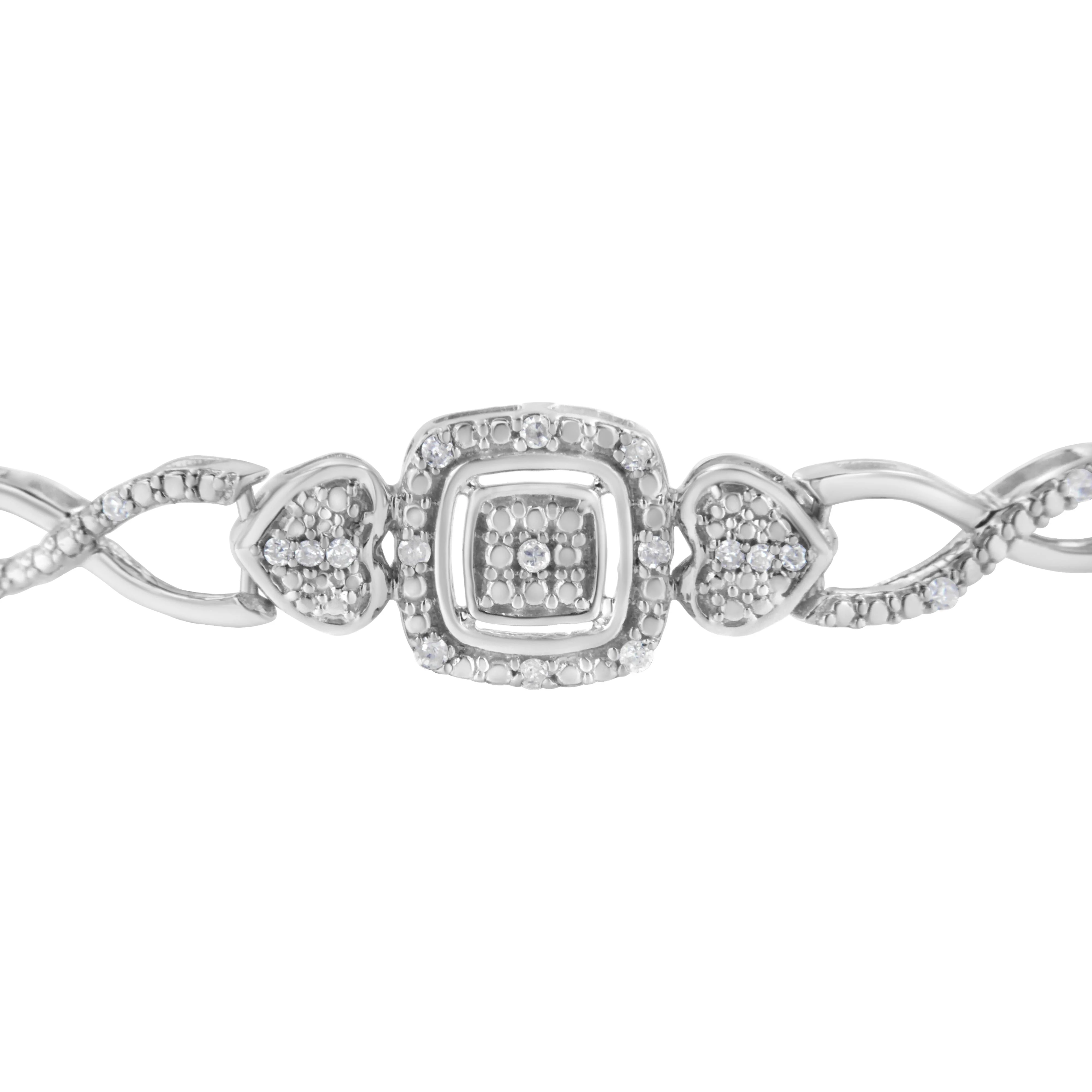 .925 Sterling Silver Diamond Cushion Frame Heart-Sides Twist 4â€-10†Adjustable Bolo Tennis Bolo Bracelet (I-J Color, I3 Clarity) - Image 4