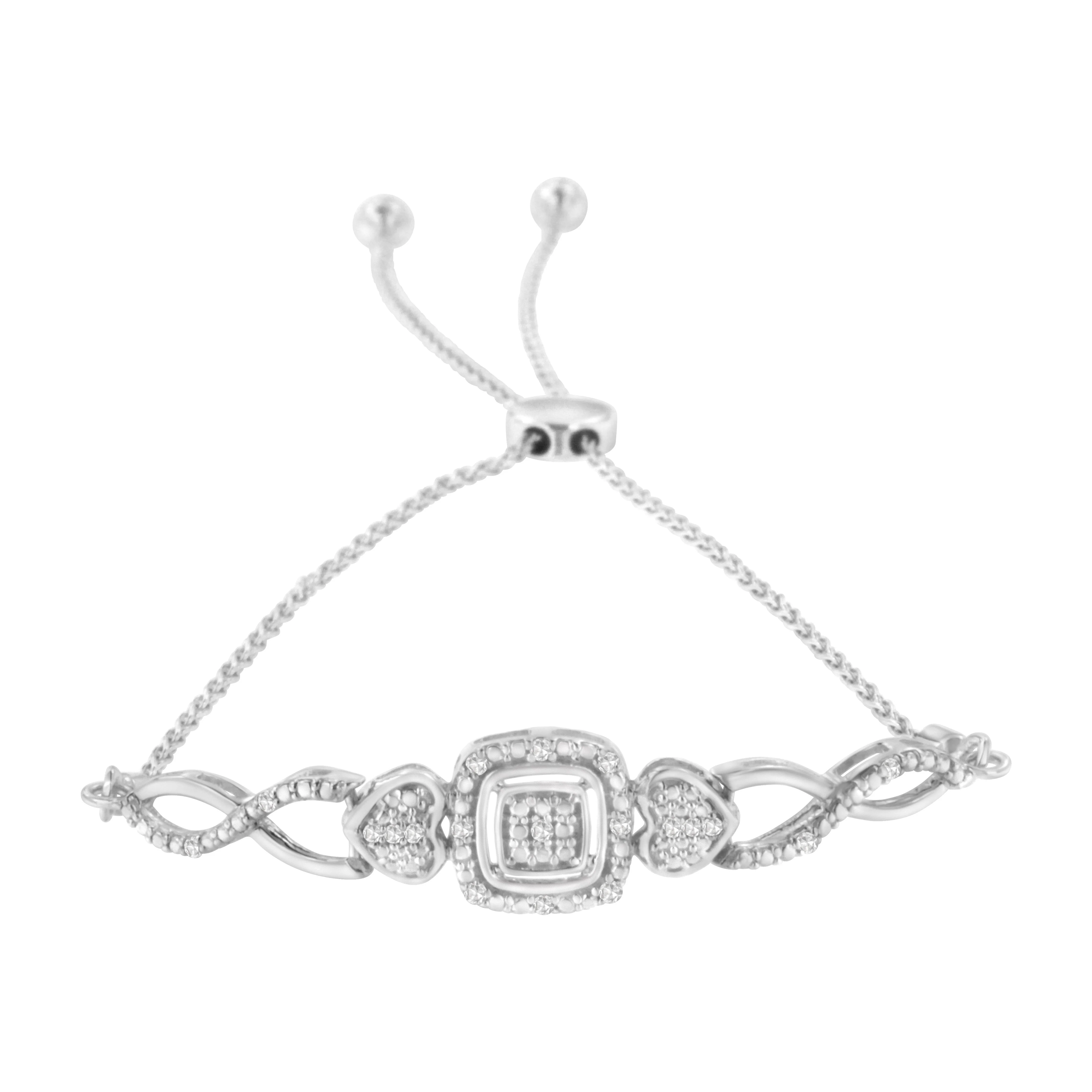 .925 Sterling Silver Diamond Cushion Frame Heart-Sides Twist 4â€-10†Adjustable Bolo Tennis Bolo Bracelet (I-J Color, I3 Clarity) - Image 6