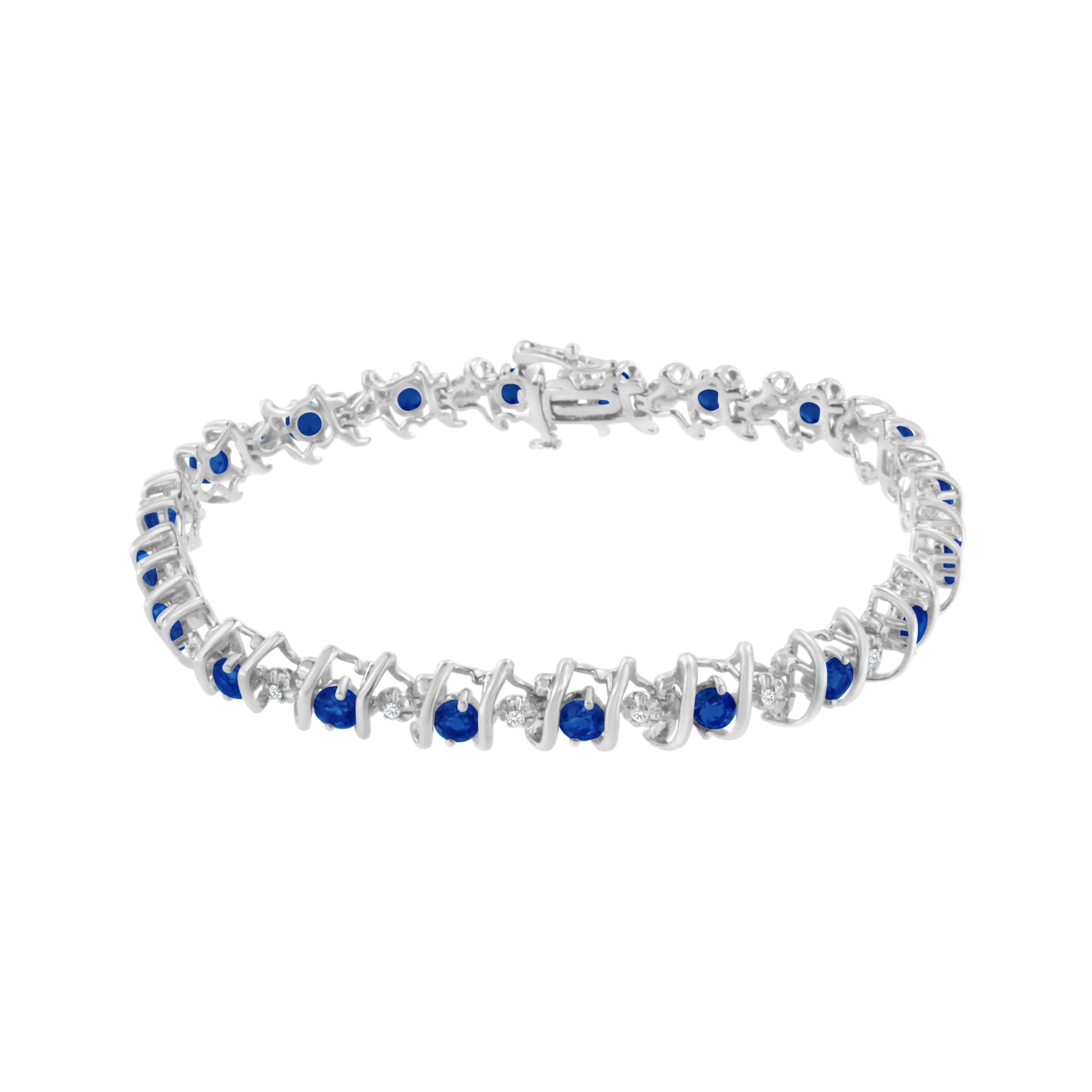 .925 Sterling Silver, Lab-Grown Gemstone and 4 Cttw Round Diamond Tennis Bracelet (H-I Color, I1-I2 Clarity) - Created Blue Sapphire, September Birthstone - Image 2