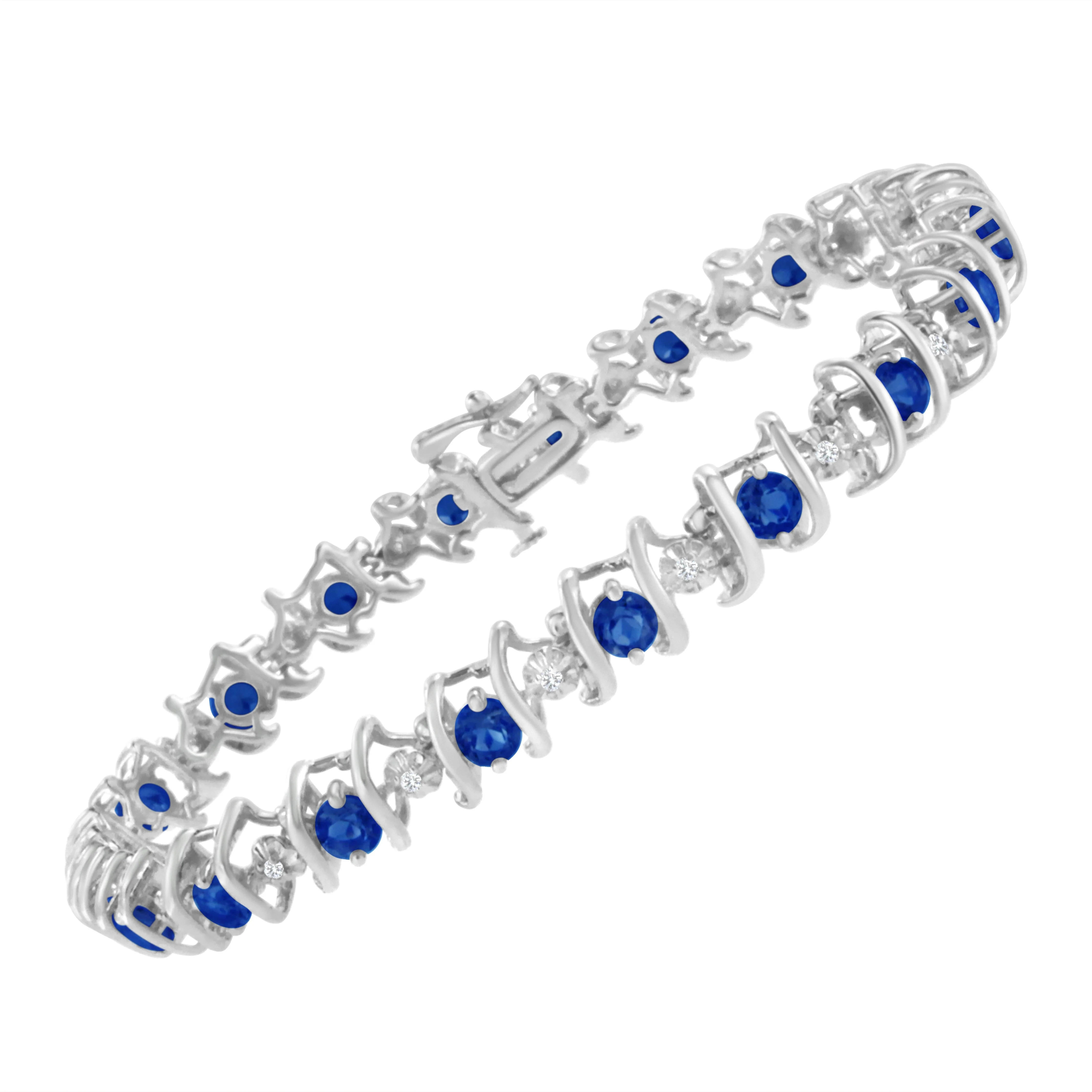 .925 Sterling Silver, Lab-Grown Gemstone and 4 Cttw Round Diamond Tennis Bracelet (H-I Color, I1-I2 Clarity) - Created Blue Sapphire, September Birthstone - Image 3