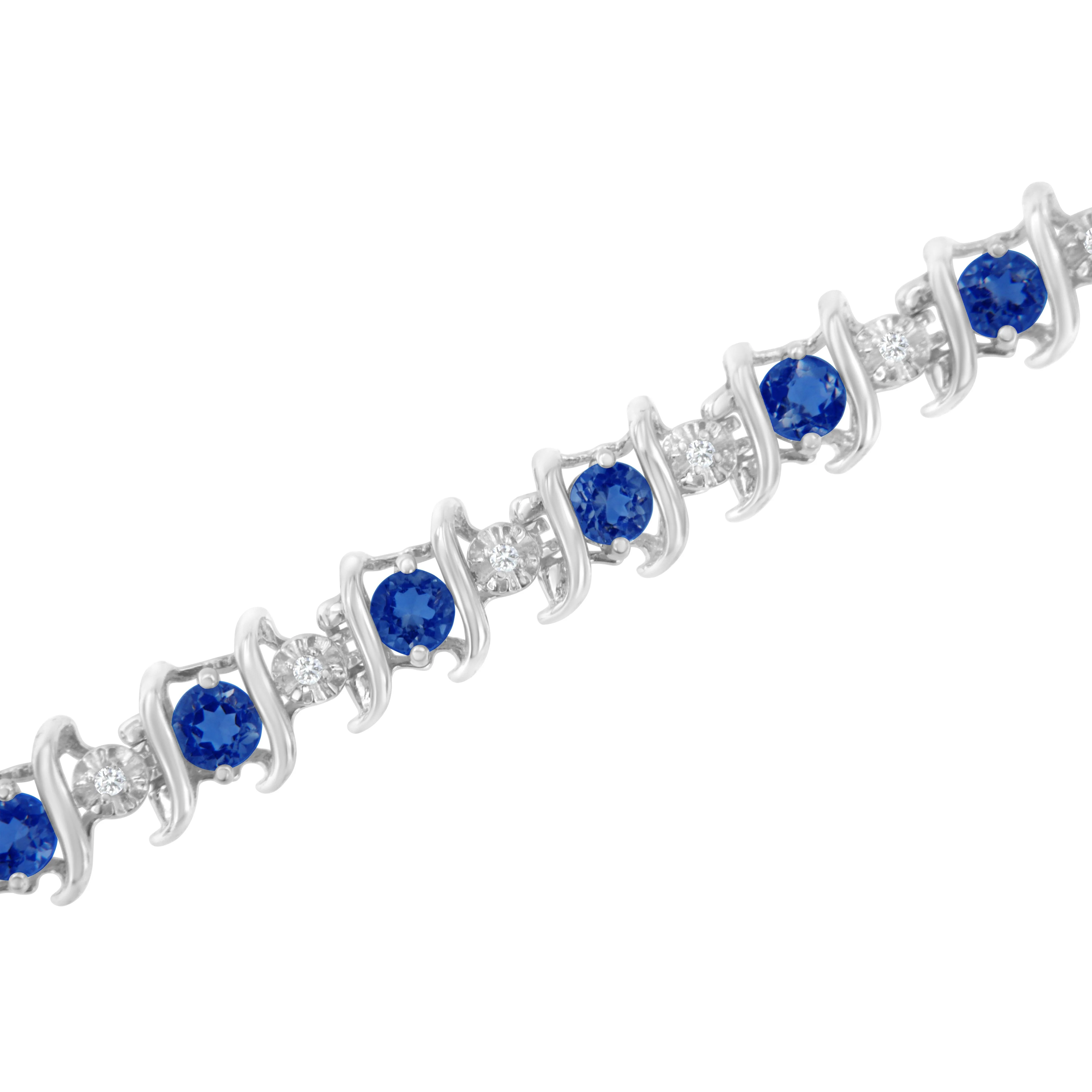 .925 Sterling Silver, Lab-Grown Gemstone and 4 Cttw Round Diamond Tennis Bracelet (H-I Color, I1-I2 Clarity) - Created Blue Sapphire, September Birthstone - Image 4