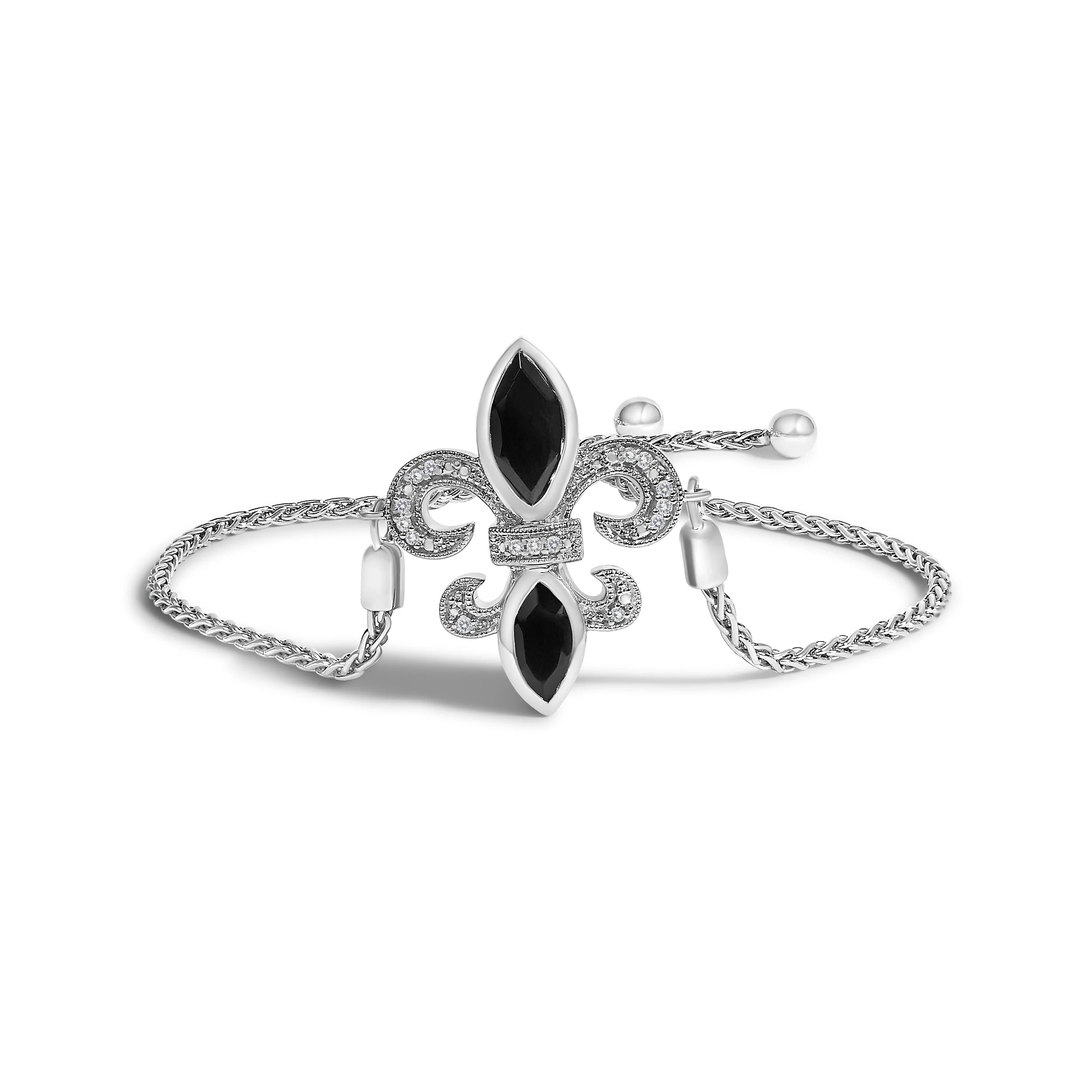 .925 Sterling Silver Marquise Black Onyx and Diamond Accent Lariat 4â€-10â€ Fleur De Lis Adjustable Bolo Bracelet (I-J Color, I1-I2 Clarity) - Image 2