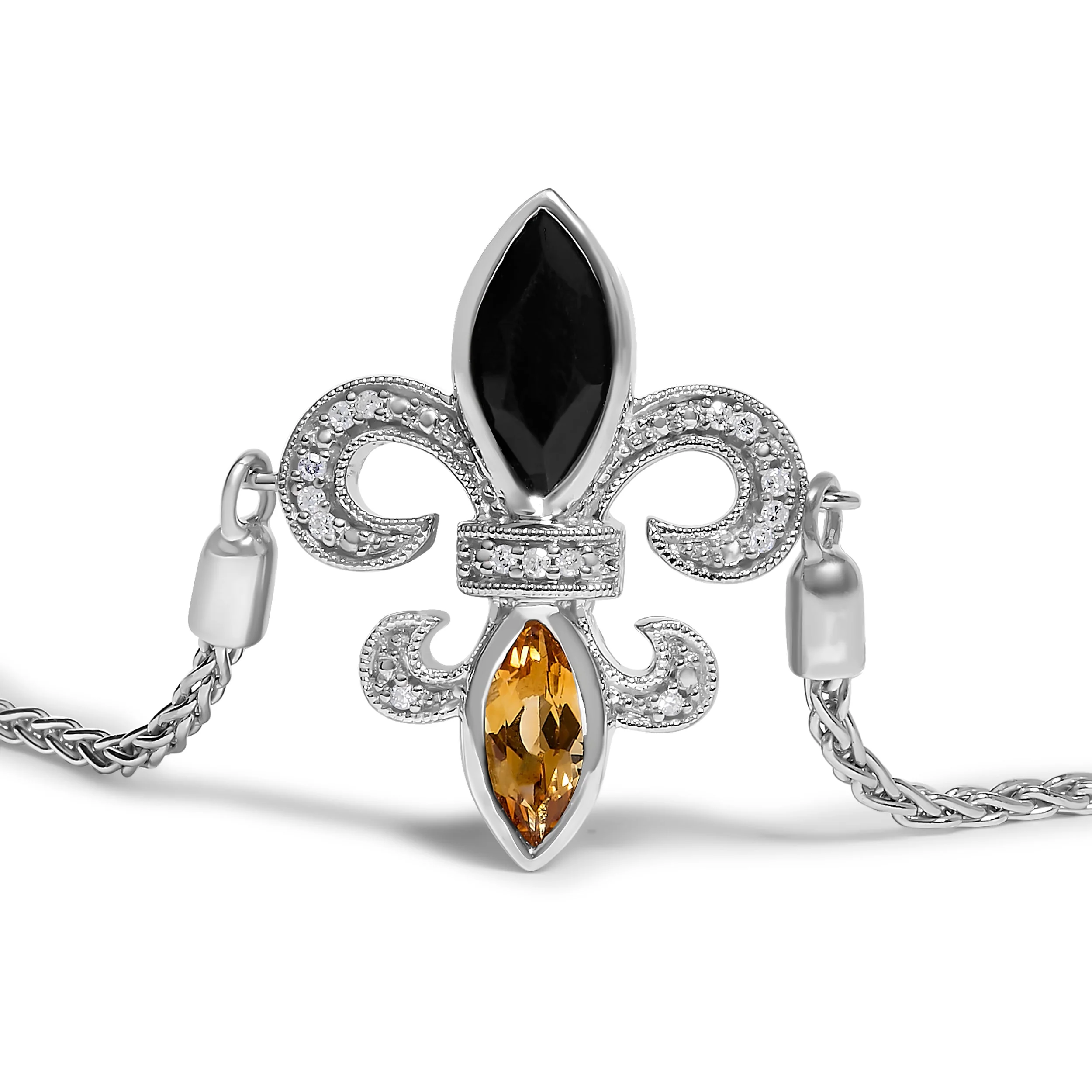 .925 Sterling Silver Marquise Black Onyx, Orange Citrine, and Diamond Accent Lariat 4â€-10â€ Fleur De Lis Adjustable Bolo Bracelet (I-J Color, I1-I2 Clarity) - 7" - Image 2