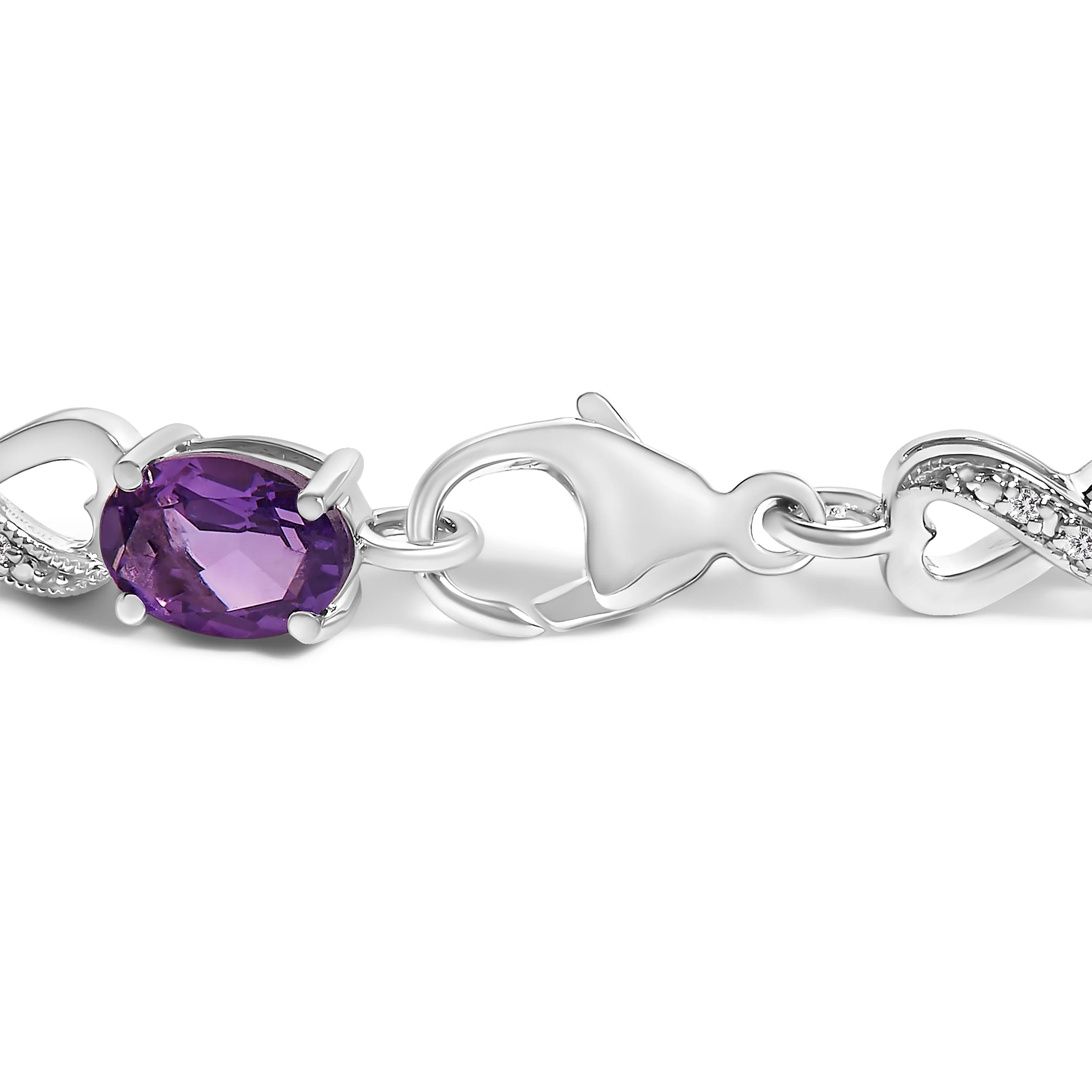 .925 Sterling Silver Oval Purple Amethyst and Diamond Infinity Link Bracelet (I-J Color, I1-I2 Clarity) - 7" Inches - Image 2