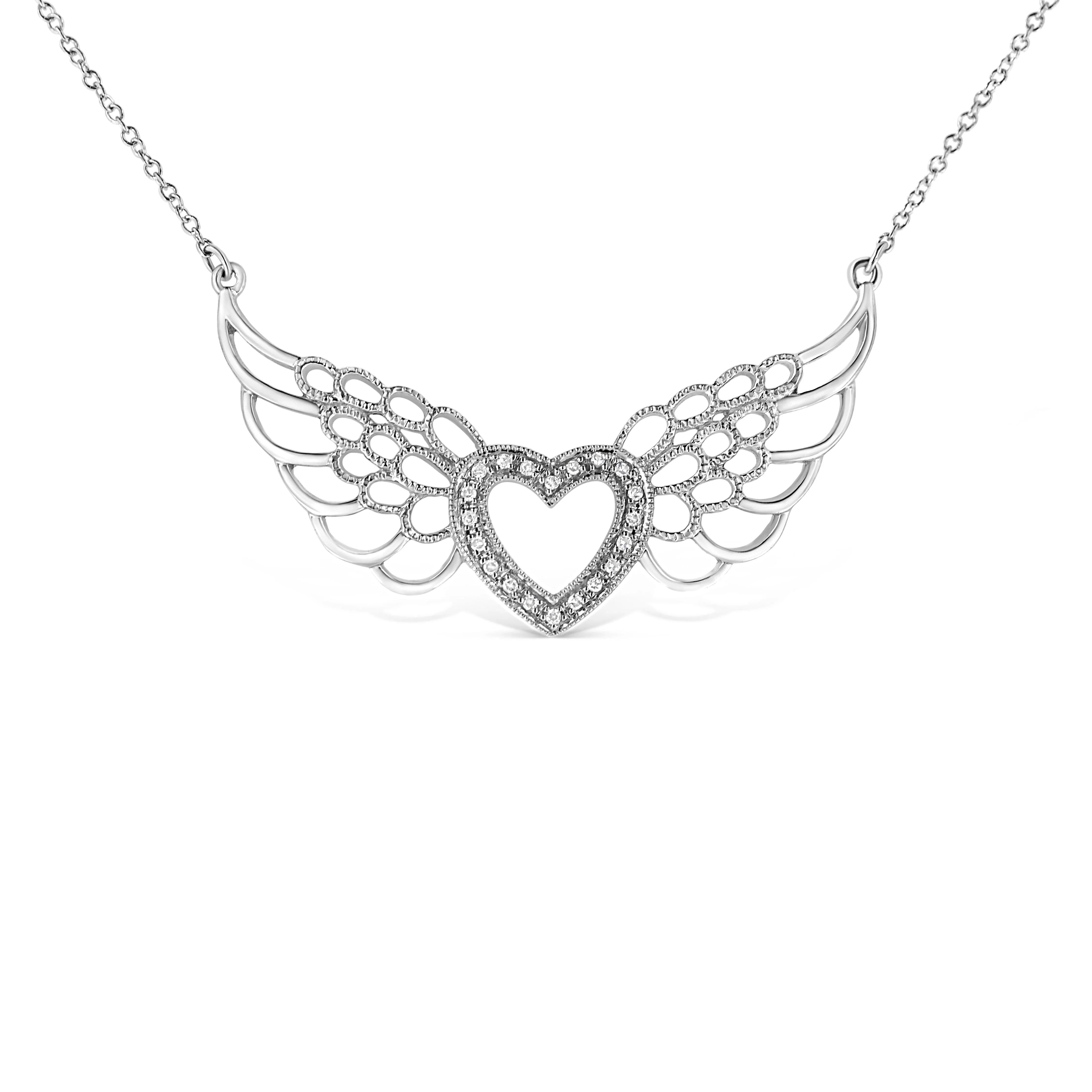 .925 Sterling Silver Pave-Set Diamond Accent Fairy Wing 18" Heart Pendant Necklace (I-J Color, I1-I2 Clarity) - Image 8