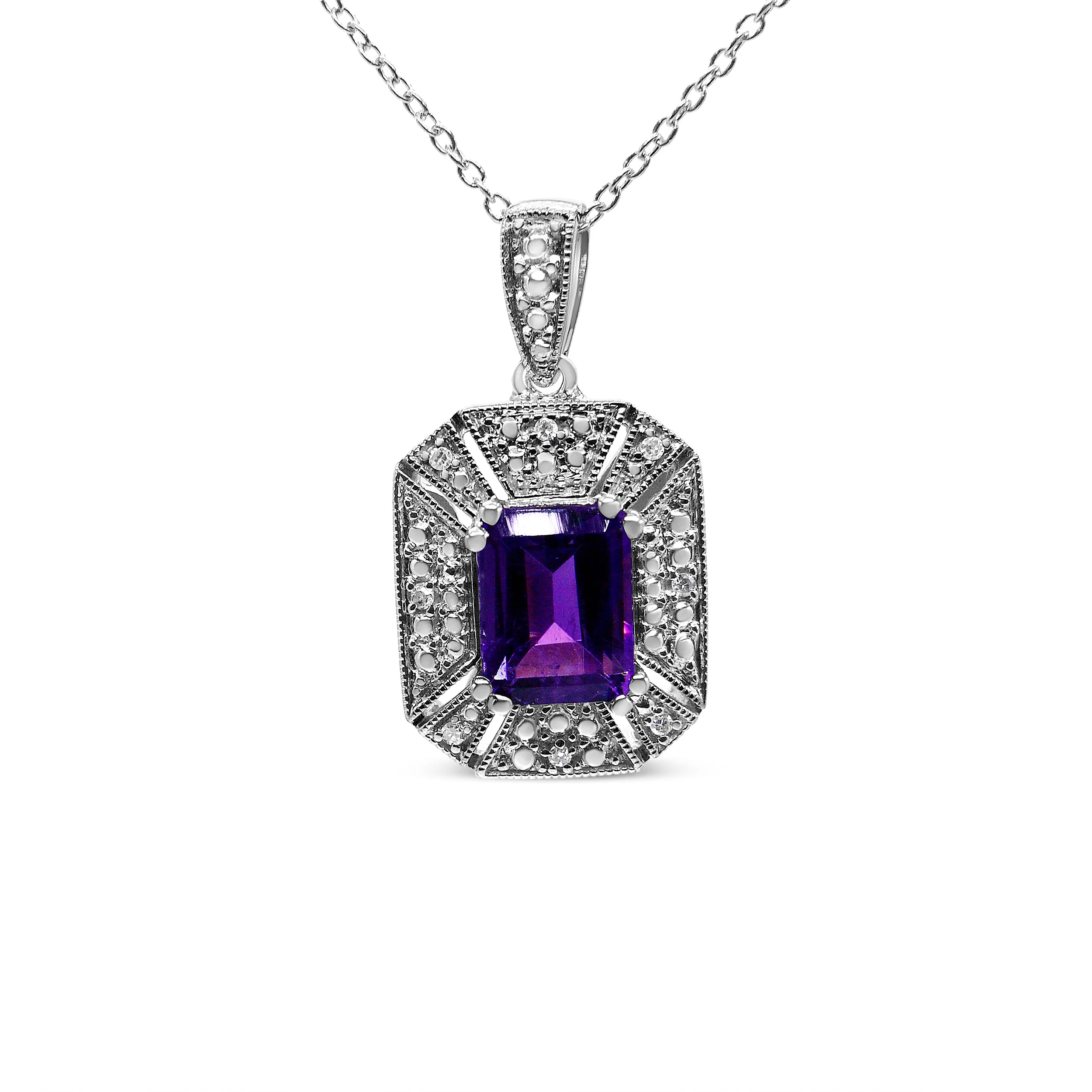 .925 Sterling Silver Purple Amethyst and Diamond Accent Art Deco Style 18" Pendant Necklace (I-J Color, I1-I2 Clarity) - Image 4