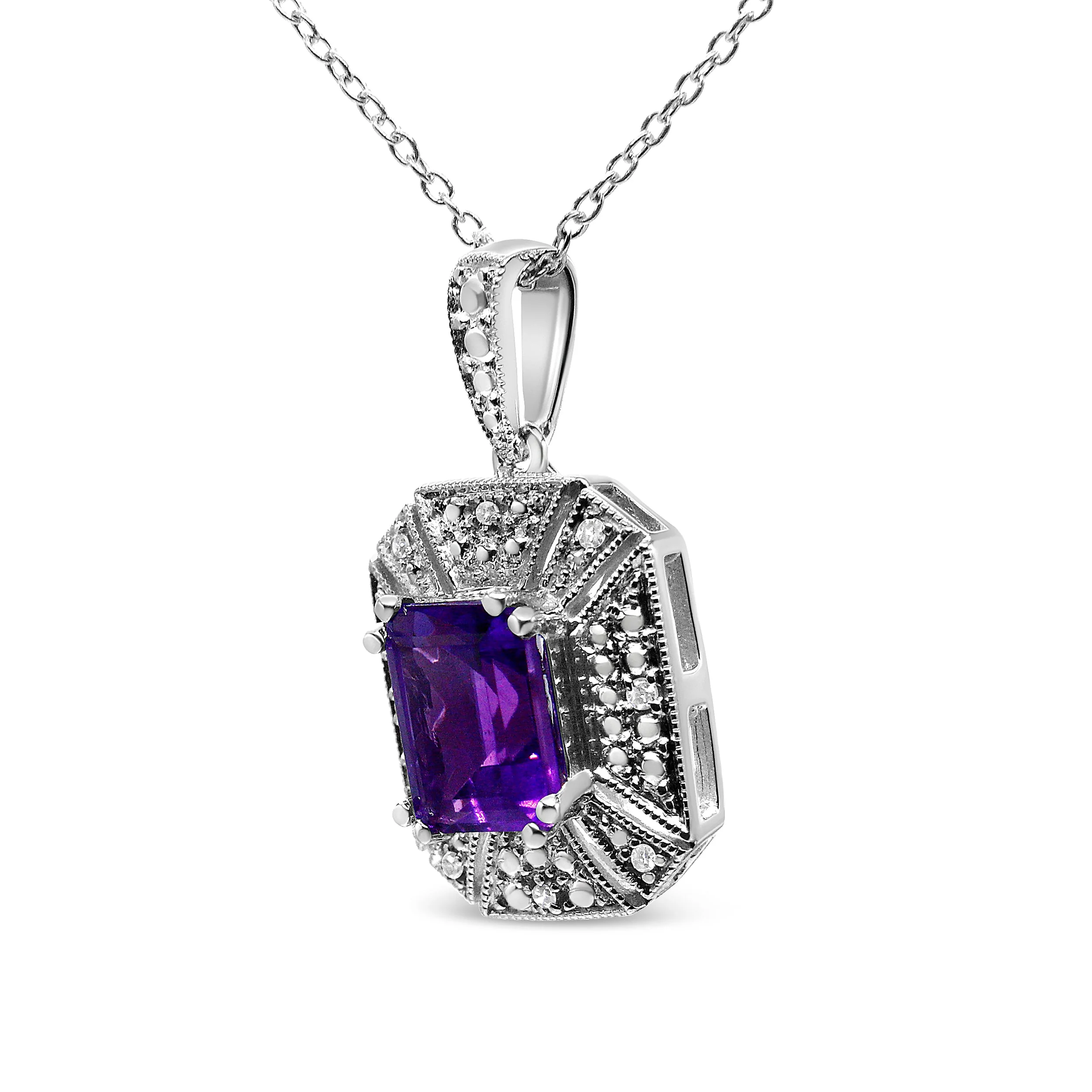 .925 Sterling Silver Purple Amethyst and Diamond Accent Art Deco Style 18" Pendant Necklace (I-J Color, I1-I2 Clarity) - Image 5