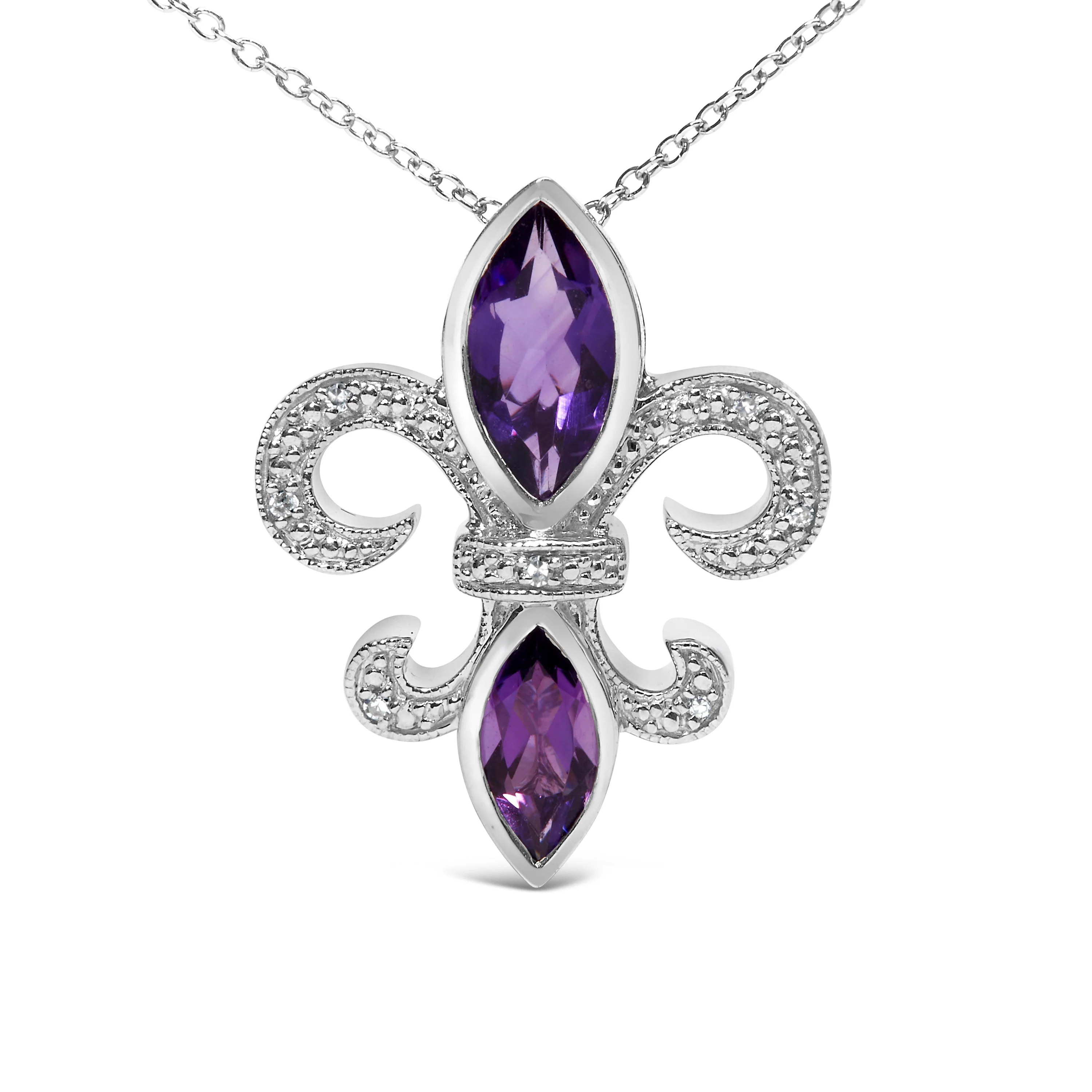 .925 Sterling Silver Purple Amethyst Marquise and Diamond Accent Fleur De Lis Pendant Necklace (H-I Color, SI1-SI2 Clarity) - Size 18" - Image 2