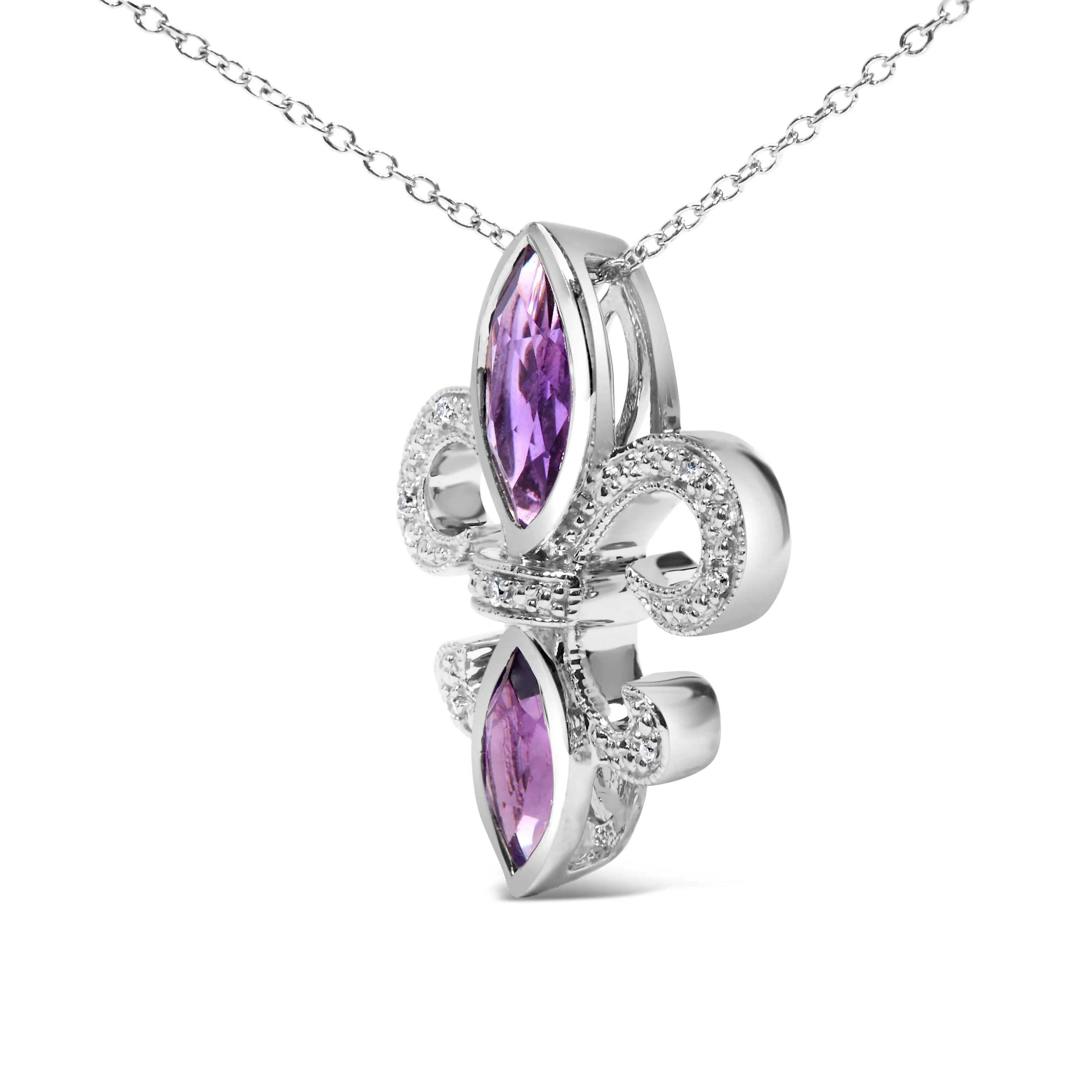 .925 Sterling Silver Purple Amethyst Marquise and Diamond Accent Fleur De Lis Pendant Necklace (H-I Color, SI1-SI2 Clarity) - Size 18" - Image 3