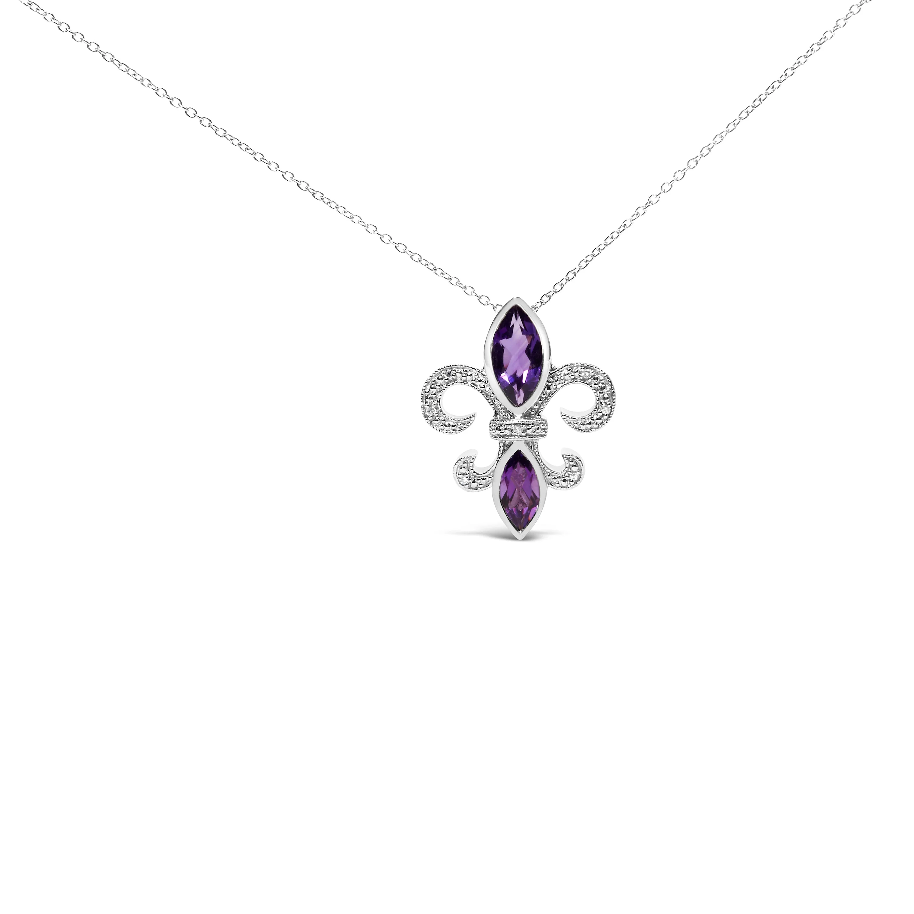 .925 Sterling Silver Purple Amethyst Marquise and Diamond Accent Fleur De Lis Pendant Necklace (H-I Color, SI1-SI2 Clarity) - Size 18" - Image 4