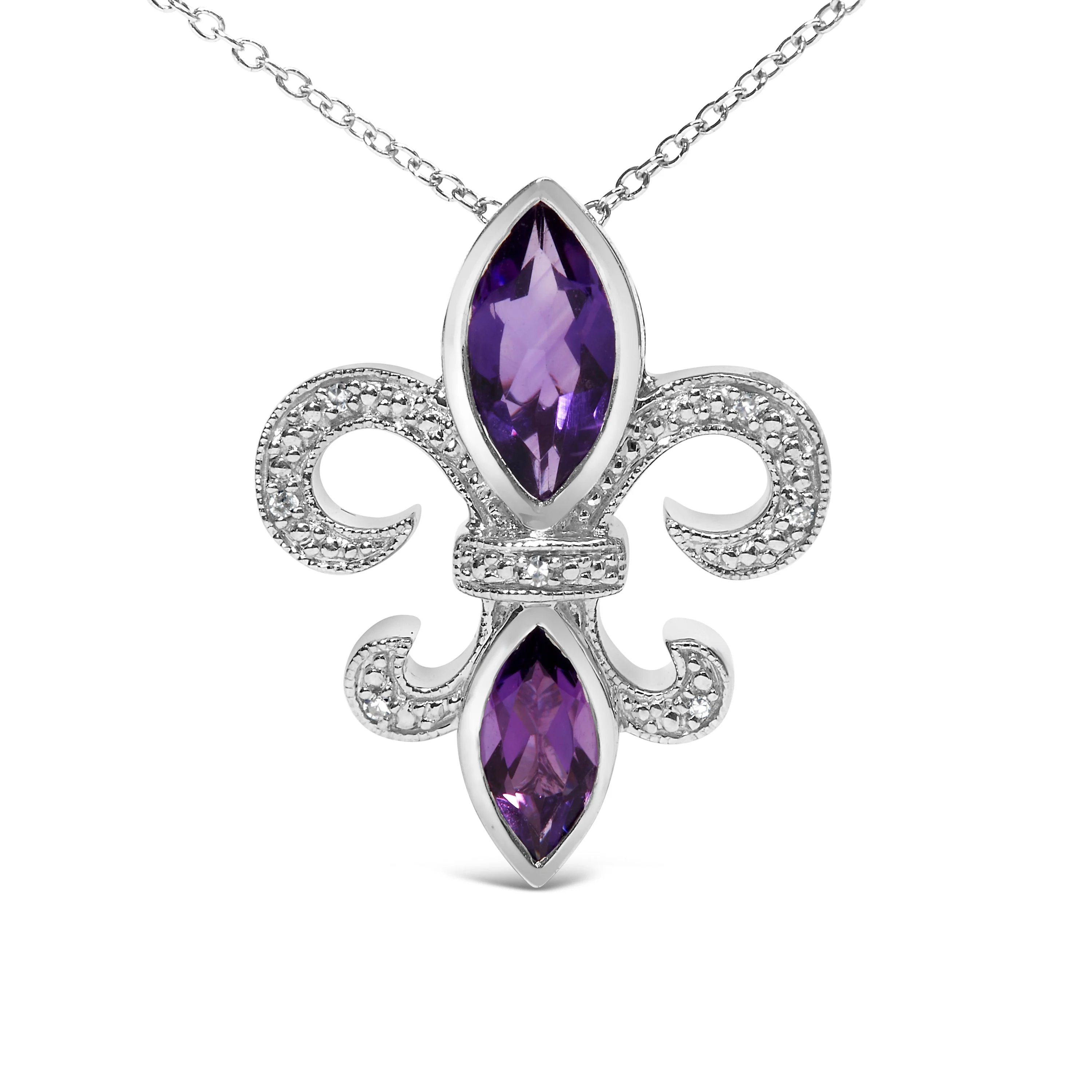 .925 Sterling Silver Purple Amethyst Marquise and Diamond Accent Fleur De Lis Pendant Necklace (H-I Color, SI1-SI2 Clarity) - Size 18" - Image 5