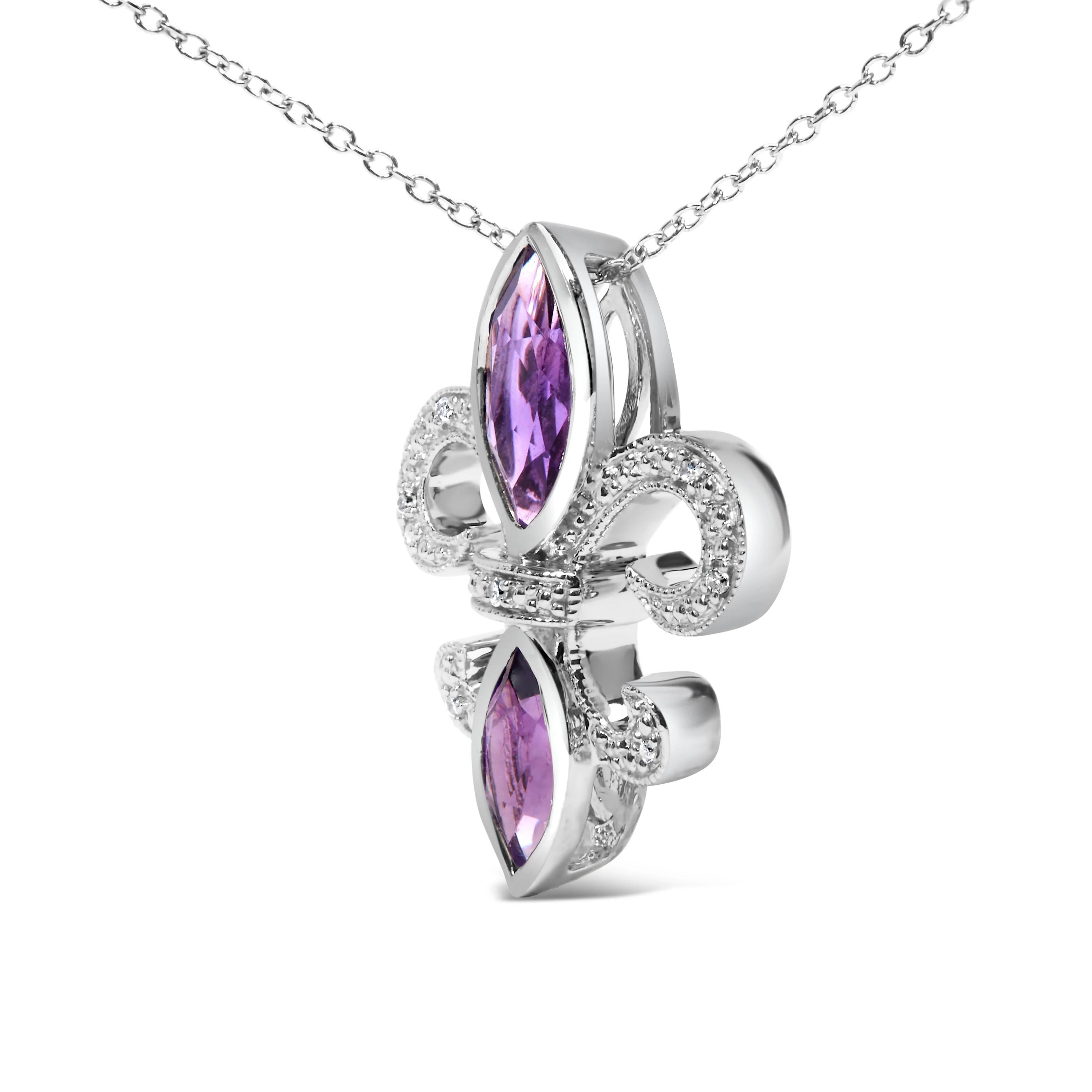 .925 Sterling Silver Purple Amethyst Marquise and Diamond Accent Fleur De Lis Pendant Necklace (H-I Color, SI1-SI2 Clarity) - Size 18" - Image 6