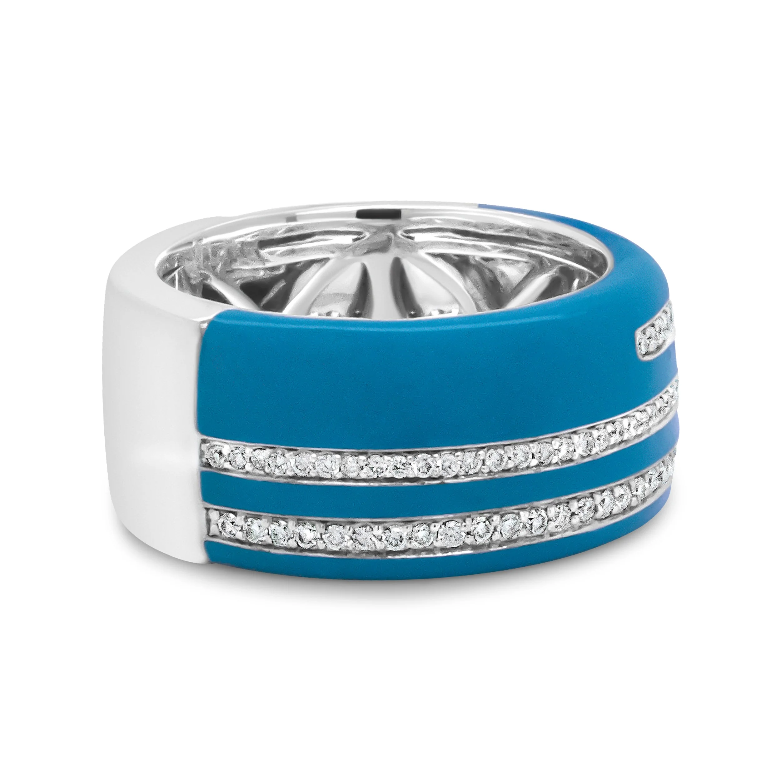 .925 Sterling Silver Turquoise Enamel 5/8 Cttw Round Diamond Wide Band Statement Ring (F-G Color, VS1-VS2 Clarity) - Size 7 - Image 4